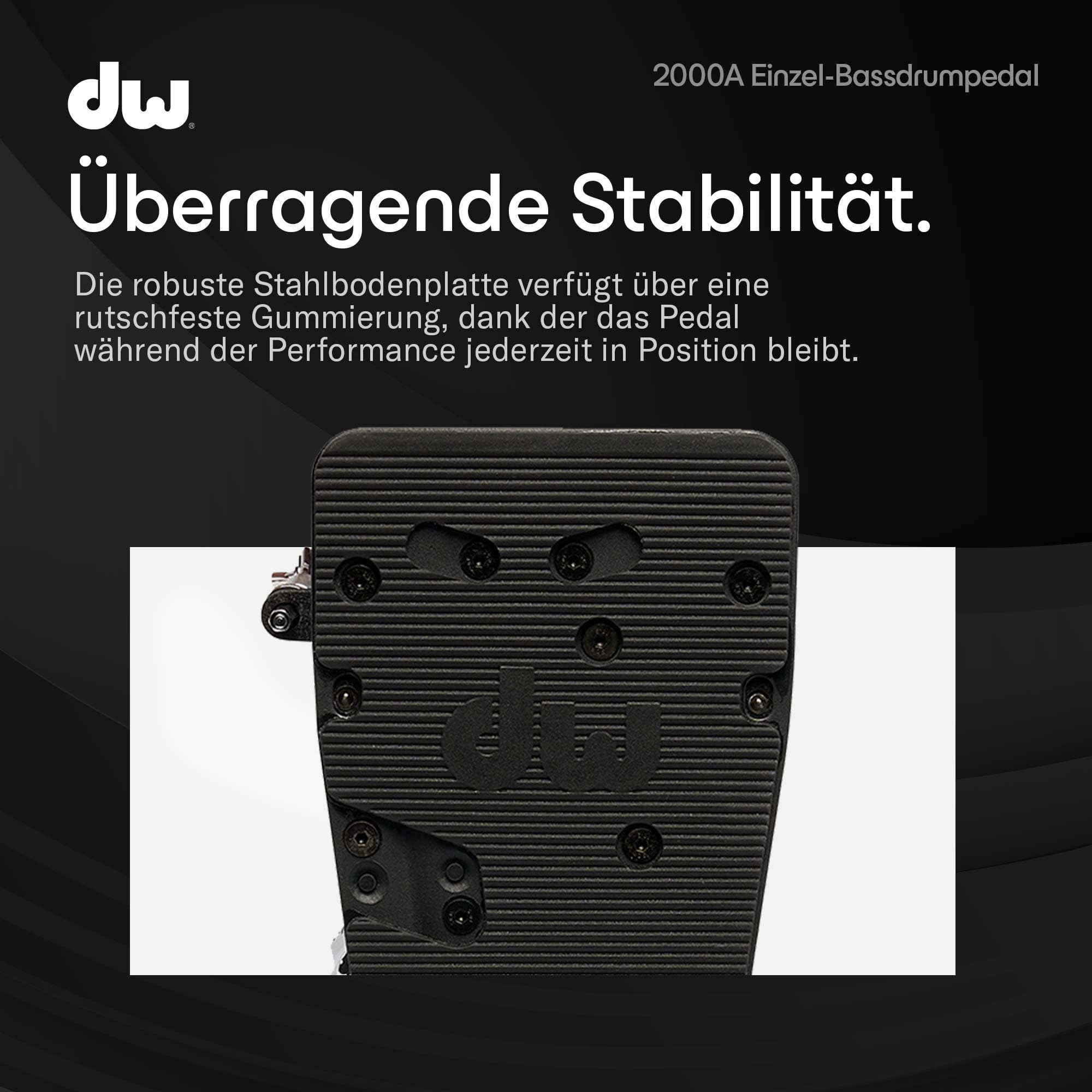DW 2000A | 2000 Serie Einzel-Bassdrumpedal | Perfekt für Drummer jeder Spielstärke | Robuster Vollmetallrahmen mit Einzelketten-Accelerator-Antrieb | 2-Wege Beater | Rutschfeste Stahlbodenplatte