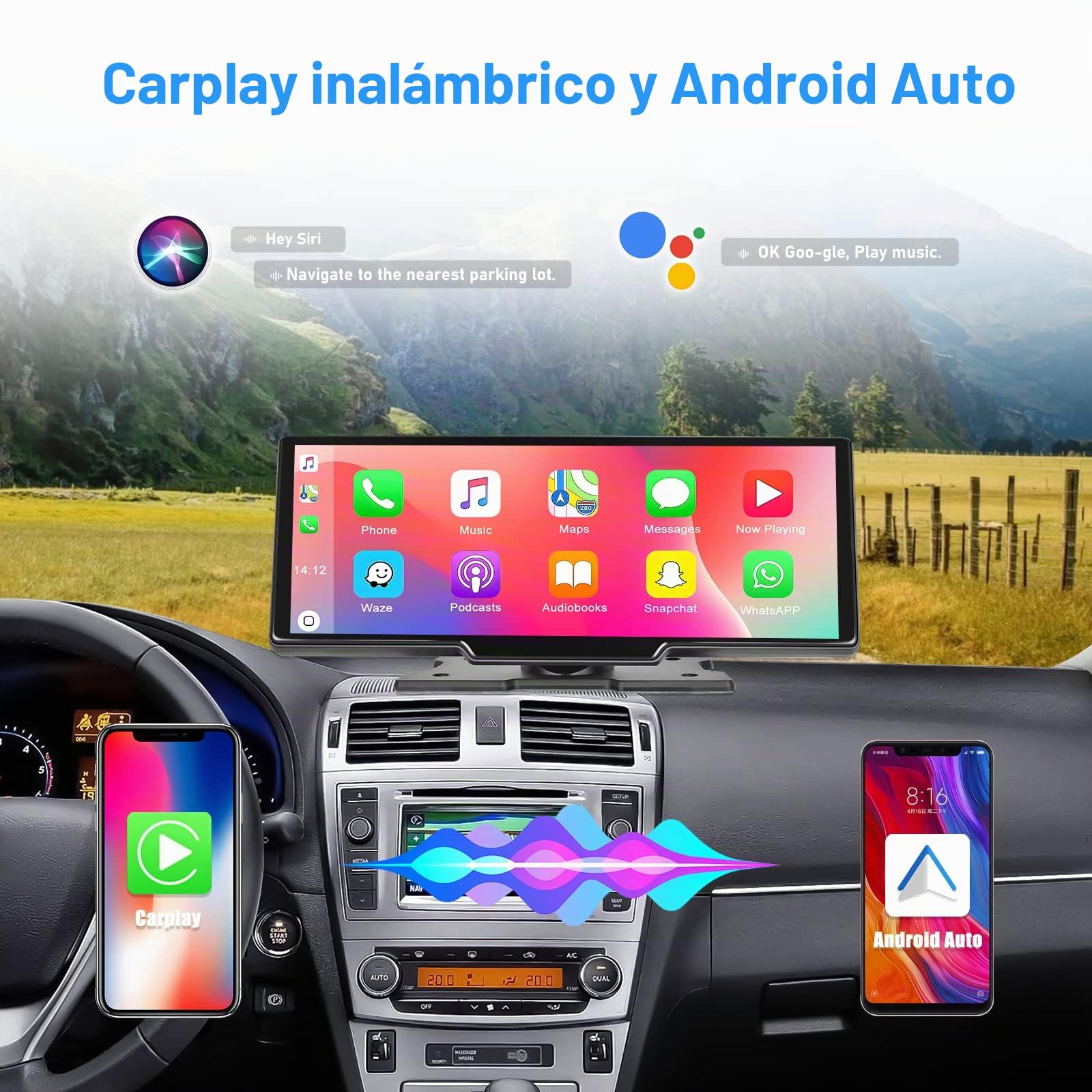 【2024】 CAMECHO 9,36'' Carplay Inalambrico & Android Auto, Pantalla Coche con Dash CAM Frontal 1080P, Portátil Pantalla Coche Car Play Radio Receptor con Mirror Link/Bluetooth/GPS/SIRI/FM/AUX