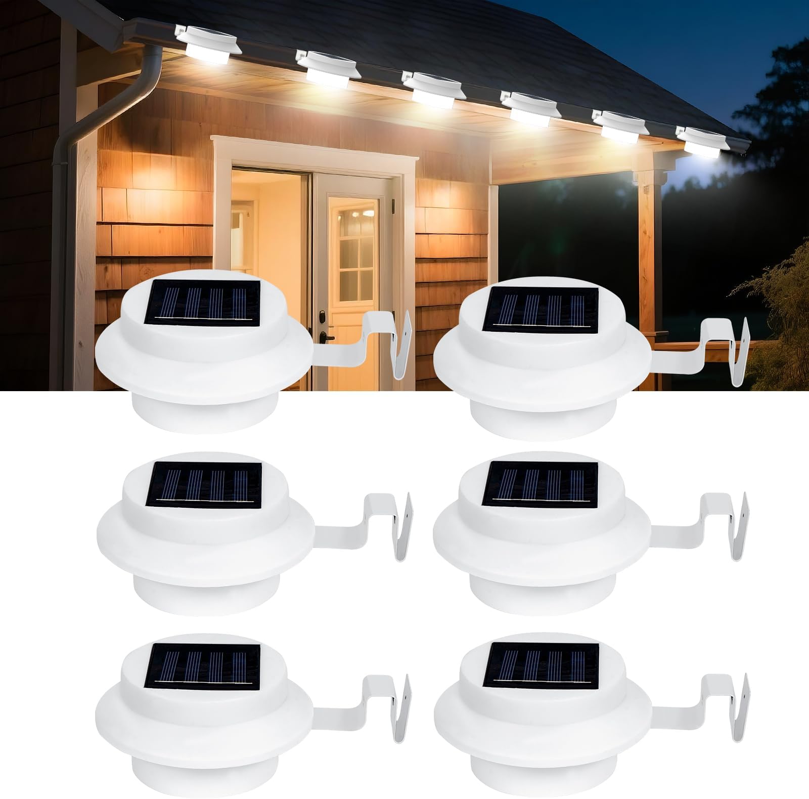NEWNEN Solar Gutter Lights Outdoor, 6 Pack Solar Powered 3 LED Fence Gutter Lamp Lights,IP65 Waterproof Security Outdoor Garden Wall Lights for Fence Lobby Pathway (White)