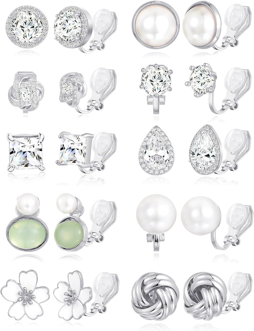 10-15 Pairs Clip on Stud Earrings Non Pierced Teardrop Round Square CZ Pearl Twist Knot Flower Butterfly Heart Star Rainbow Cat Opal Clip on Earrings for Women