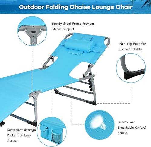 Miniatura 9 de GYMAX Silla bronceadora, tumbona de playa plegable con agujero para el brazo facial, respaldo ajustable, bolsillo lateral, almohada extraíble y asa
