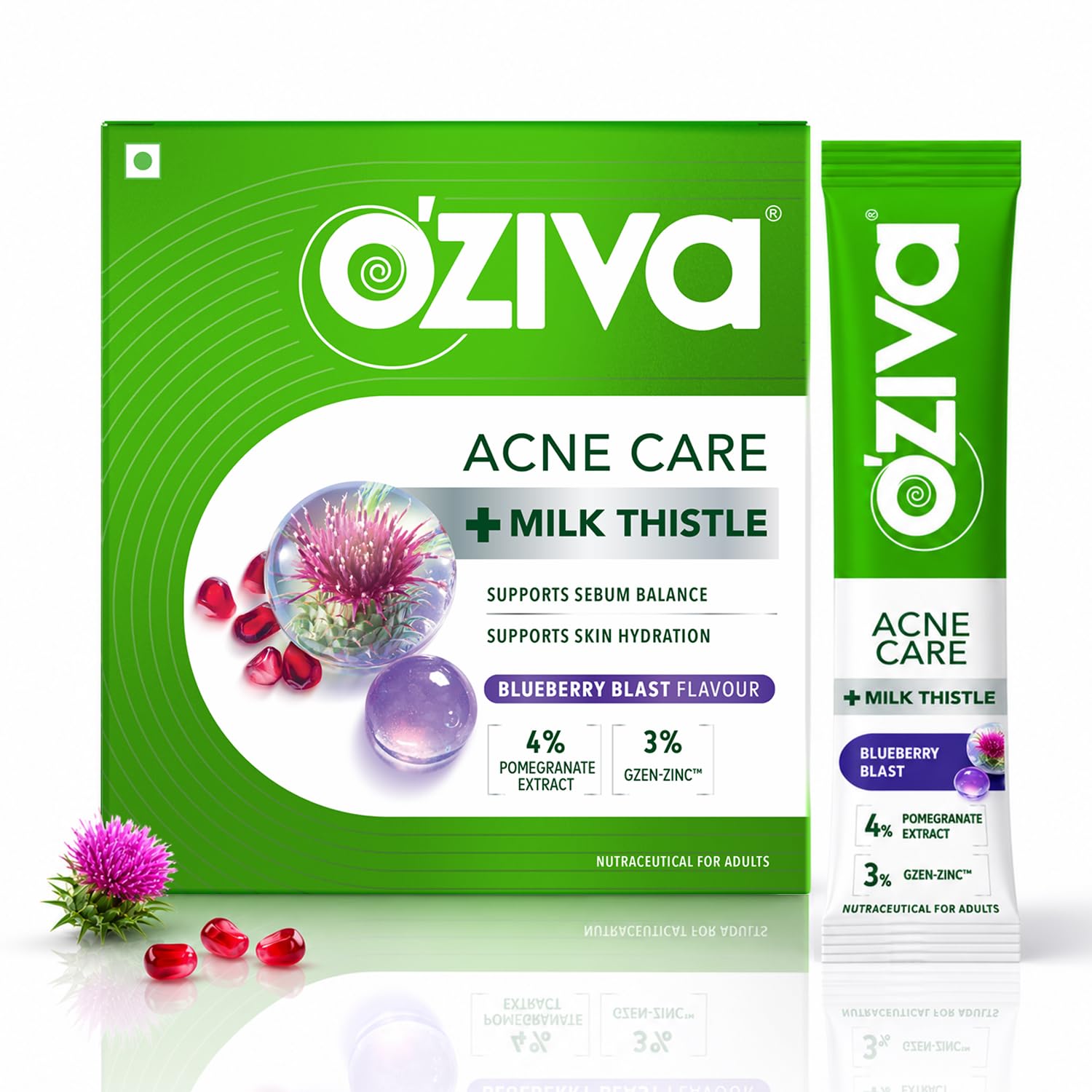 OZiva Acne Care + Milk Thistle | Acne Supplements with Pomegranate Extract for Sebum Balance & Skin Hydration | Soothes Skin Inflammation with Milk Thistle | Blueberry Flavour | 30 Sachets-image-24