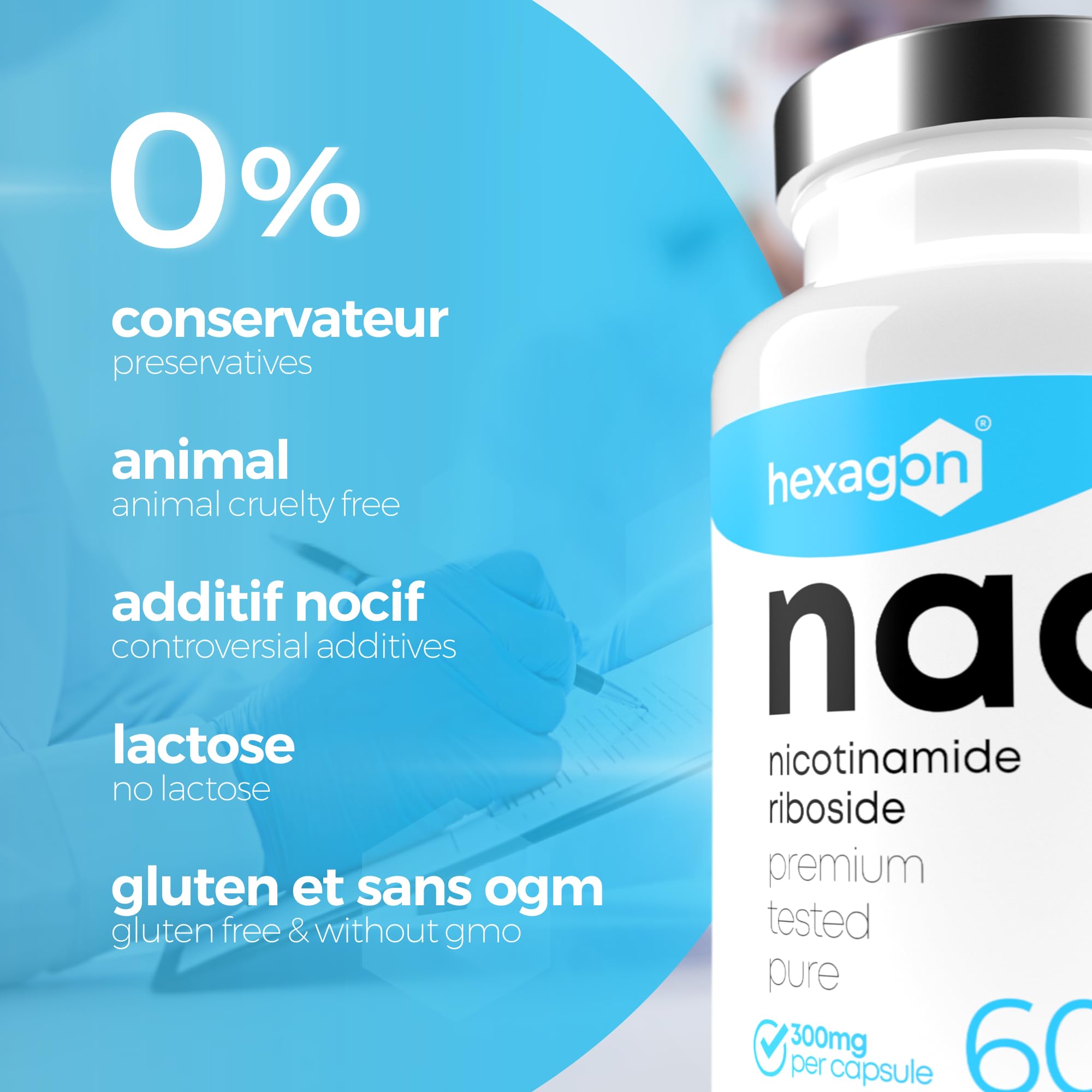 NAD+ Nicotinamide Riboside Chloride 300mg - +2 Mois de Cure - NAD Booster - Anti-Aging & Contre la Fatigue - Fabriqué et Testé en France - 60 Gélules Végétales - Vegan - Hexagon