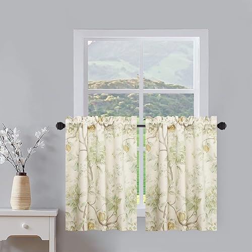 Leeva Cortinas de nivel pequeño Green Blossoms para dormitorio, porche, diseño de plantas en acuarela, cortinas cortas y pequeñas, cenefa para