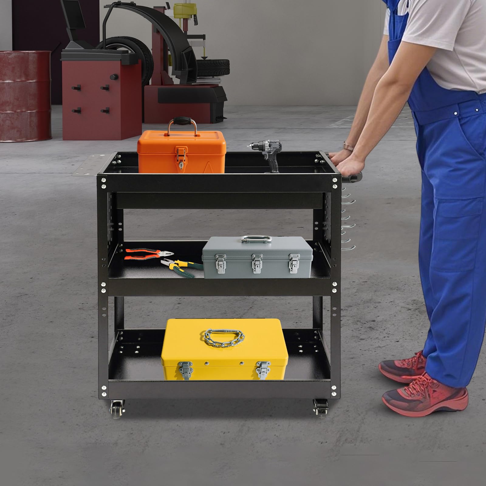 Carrello portautensili vuoto, a 3 piani con cassetto, portata 250 kg, in acciaio blu, 4 ruote (2 freni), per officina, garage e magazzini (nero)