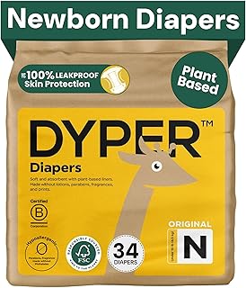 DYPER Plant-Based Disposable Newborn Diapers (Size 0): Premium Day & Overnight Leak Protection (34 Count)