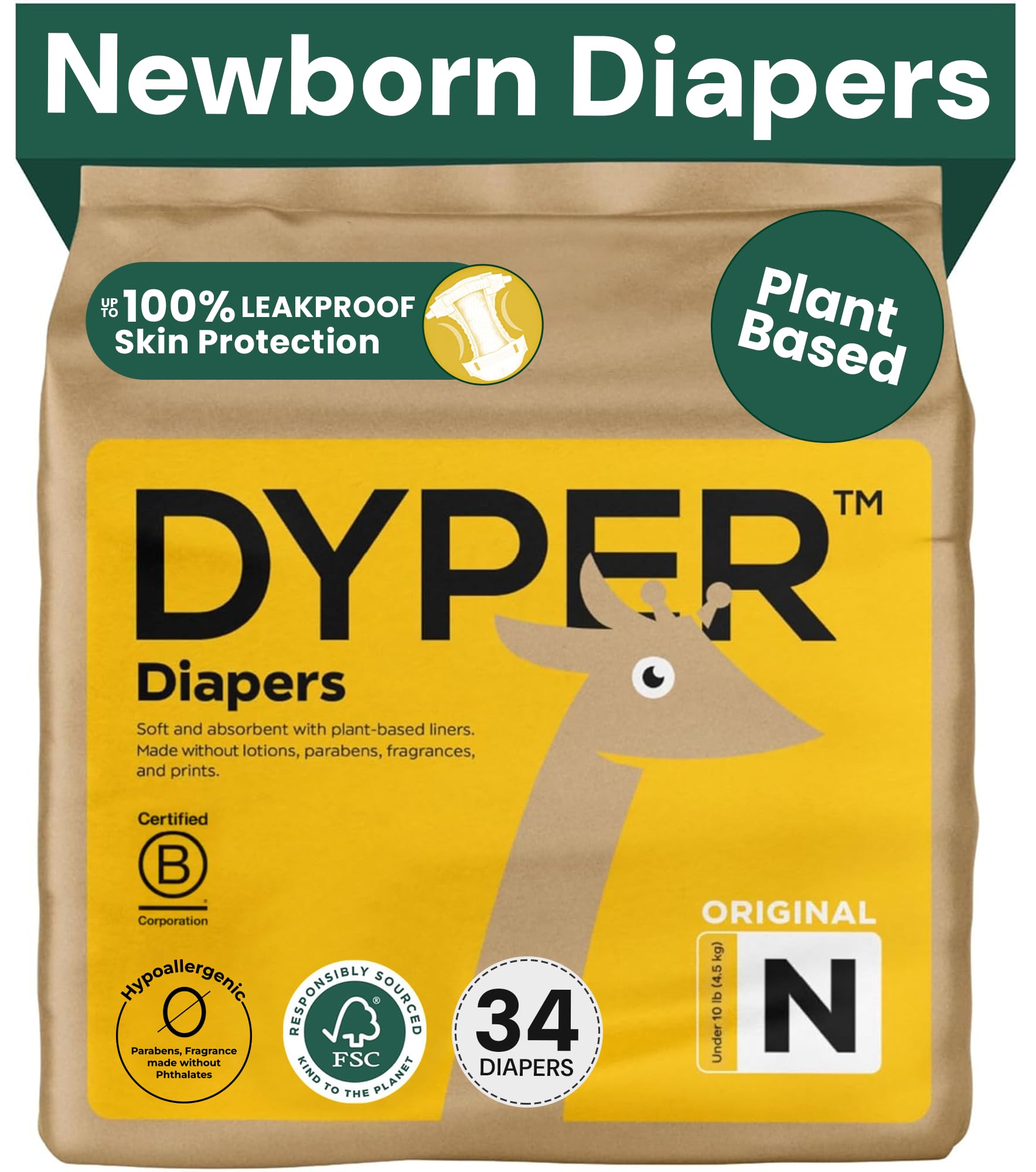 DYPER Bamboo Baby Diapers Size Newborn | Natural Honest Ingredients | Cloth Alternative | Day & Overnight | Plant-Based + Eco-Friendly | Hypoallergenic for Sensitive Infant Skin | Unscented - 34 Count