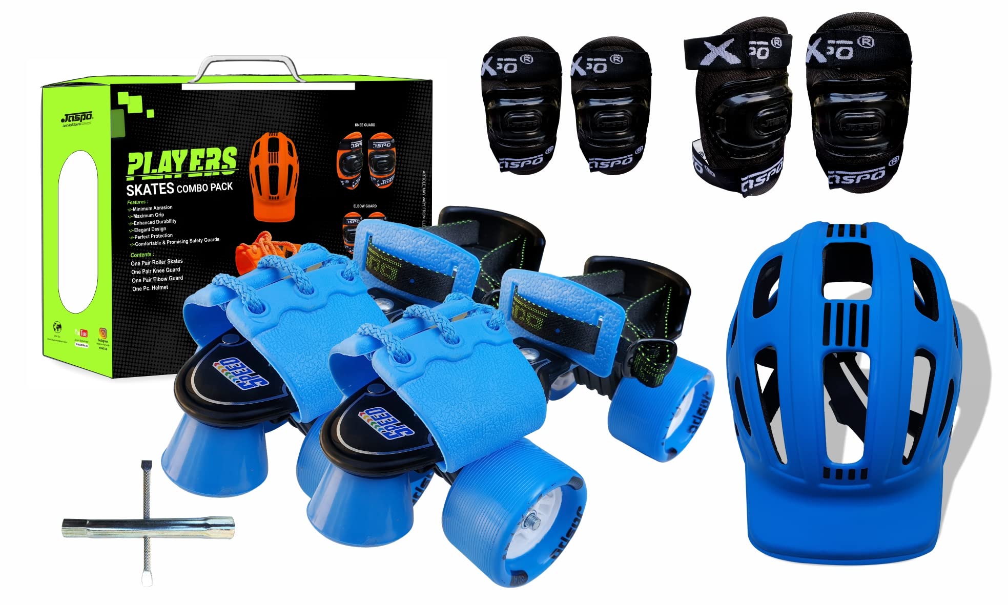 jaspoCruiser Senior Players Quad Adjustable Roller Skates Combo (Suitable for 6 to 14 Years) (Sky Blue)