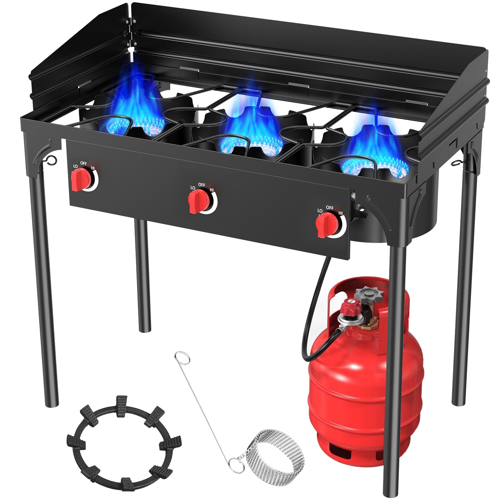 BESTFIRE 3 Burner Camping Stove, 225,000 BTU Propane Stove with Detachable Windscreen, Removable Legs &amp; 20 PSIG Regulator&amp;Octagonal Auxiliary Shelf&amp;Ignition wire for Outdoor Cooking, Canning, BBQ