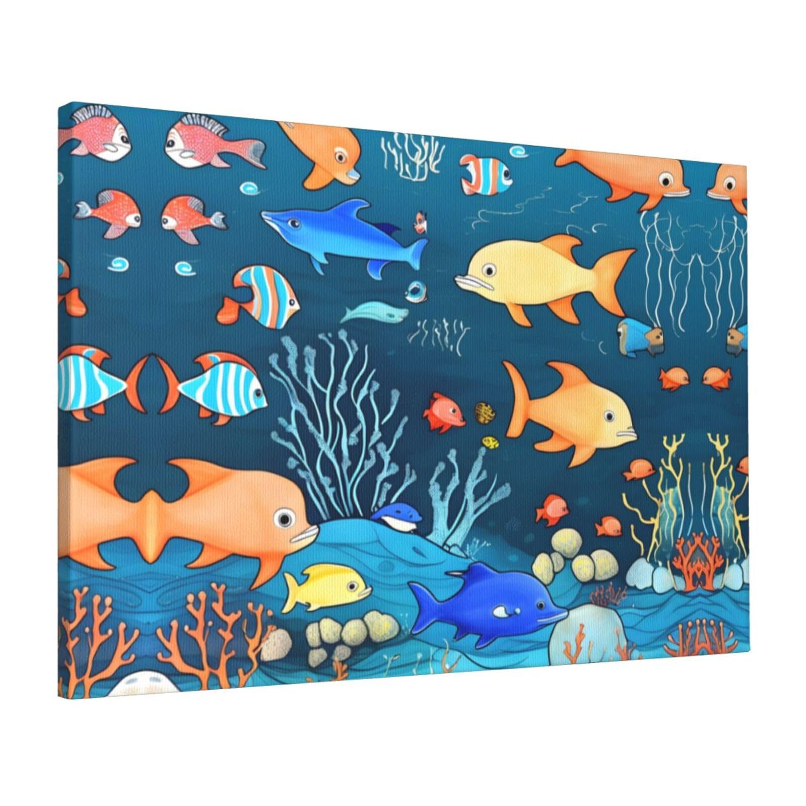 CNTDBU Blue underwater world of fish Canvas Wall Art 16x24 Inch-Large Modern Painting Print for Living Room, Framed Ready to Hang Artwork for Bedroom