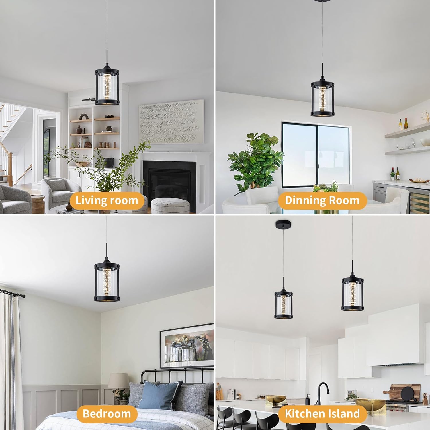 LED Modern Pendant Light for Kitchen Island, 2700K-5000K Dimmable Crystal Bubble Pendant Lighting with Clear Glass, 9W Hanging Light Fixture for Dining Room (Black, 1-Pack)