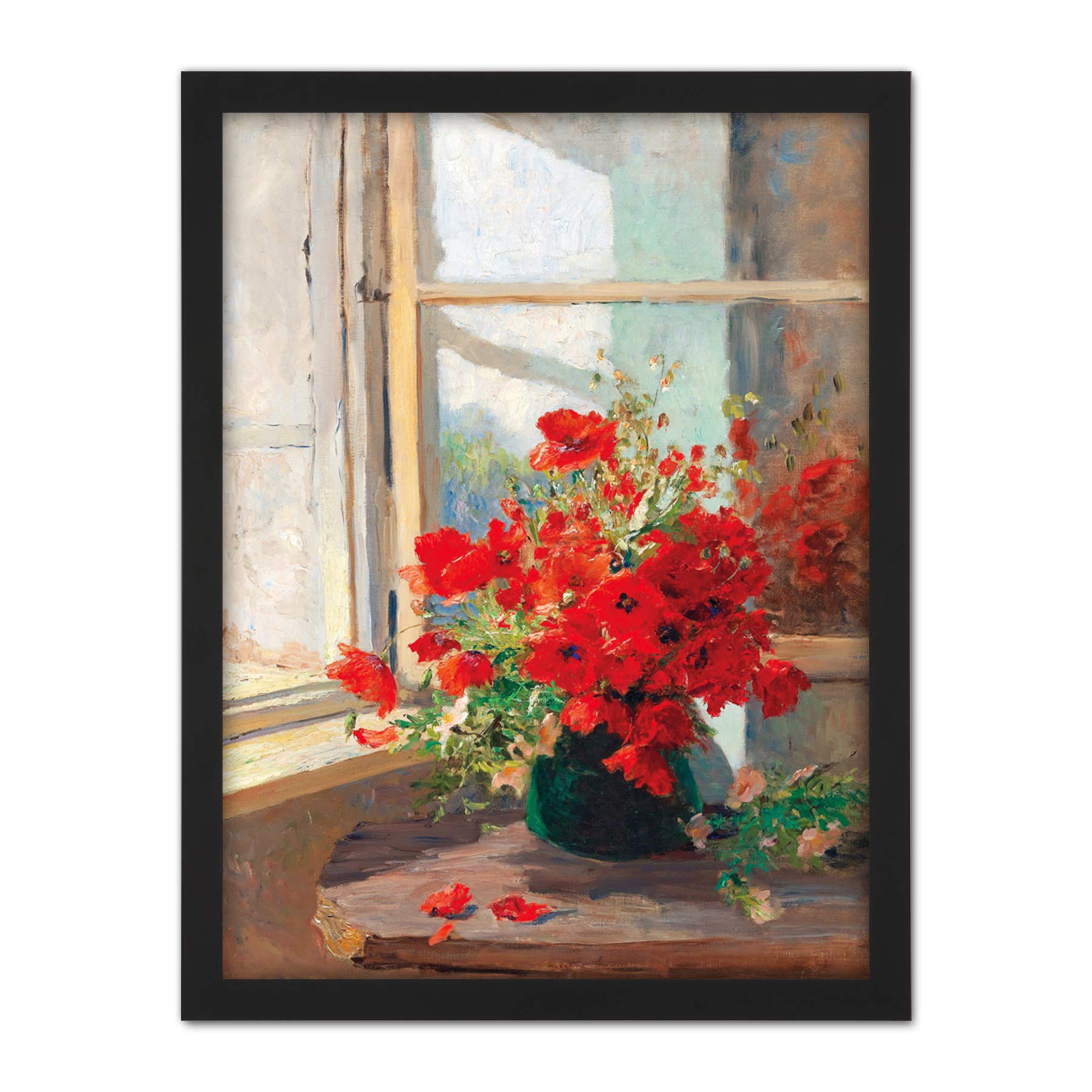 Artery8 Florian Bouquet Poppies Window Flowers Painting Artwork Framed Wall Art Print 18X24 Inch