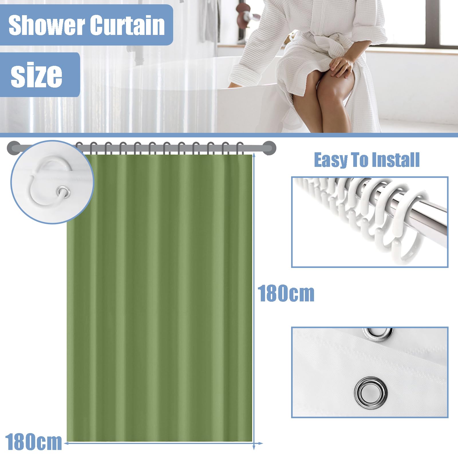 PEVA Shower Curtain 180x180cm,Heavy Duty Plastic Marble Pattern Weighted Shower Curtains Mould Proof Resistant Waterproof Bath Curtains with 12 Hooks for Wet Room,Bathroom,Shower Stall,Bath Tub - Image 3