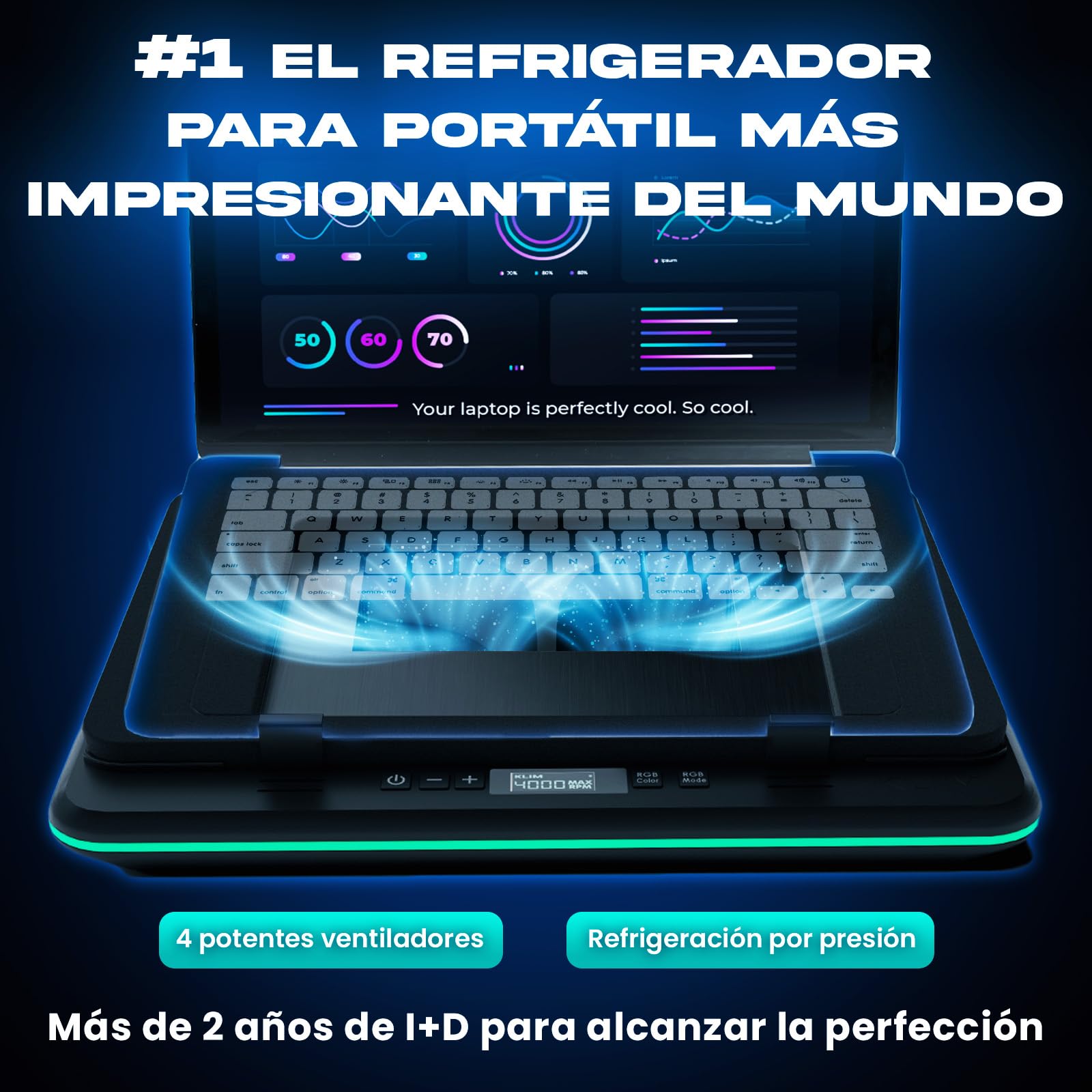 KLIM Turbofrost Base Refrigeradora Portátil - 4 ventiladores x 4000 RPM - Ventilador para Portatil RGB, 4 puertos USB, espuma sellada, Base Portatil refrigeracion rápida - Compatible hasta 17" - Negro