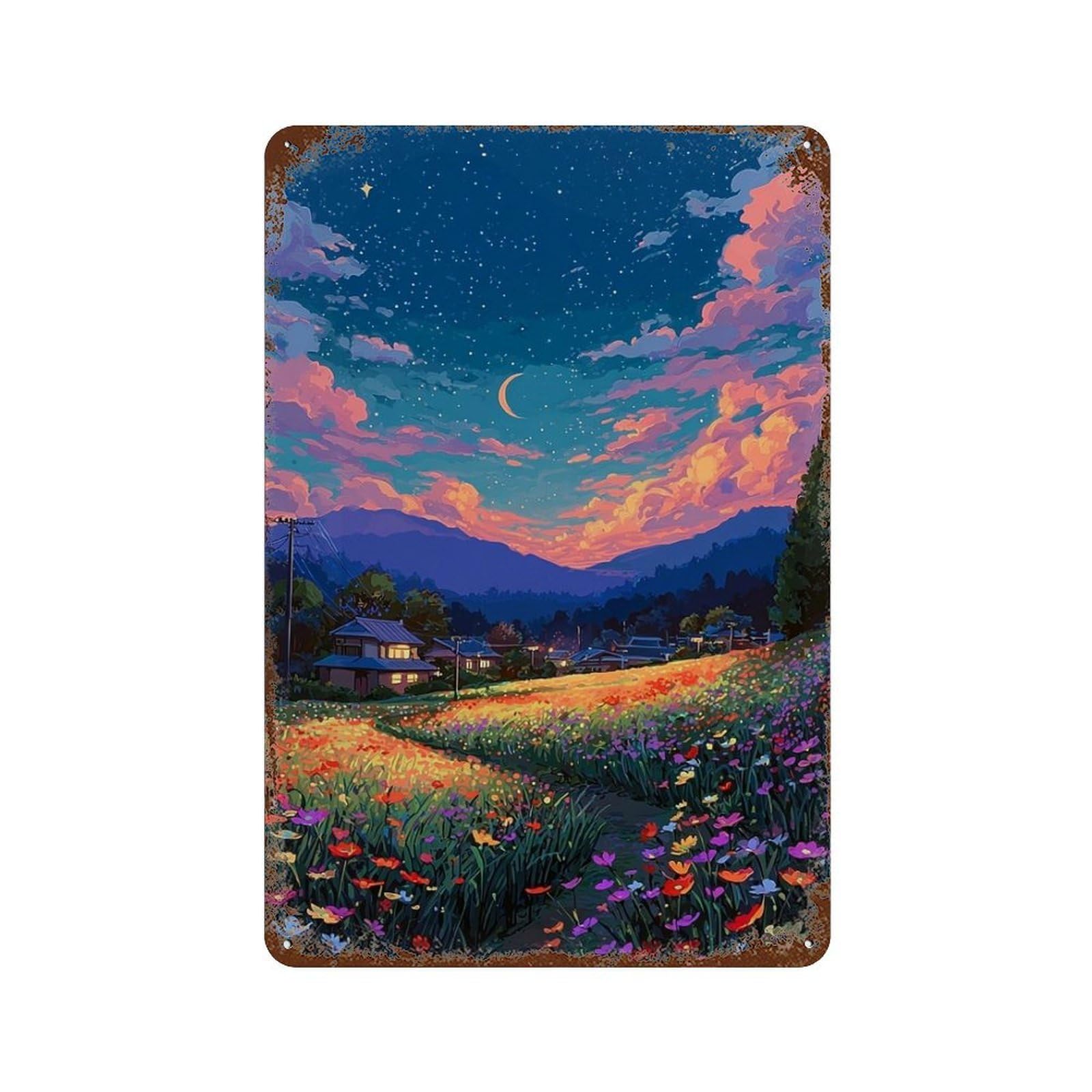 Weathered Tin Sign with Starry Night Garden Pathway Design 11.8"x7.9", for Garage, Bar And Workshop Decor, Decorative Metal Wall Art