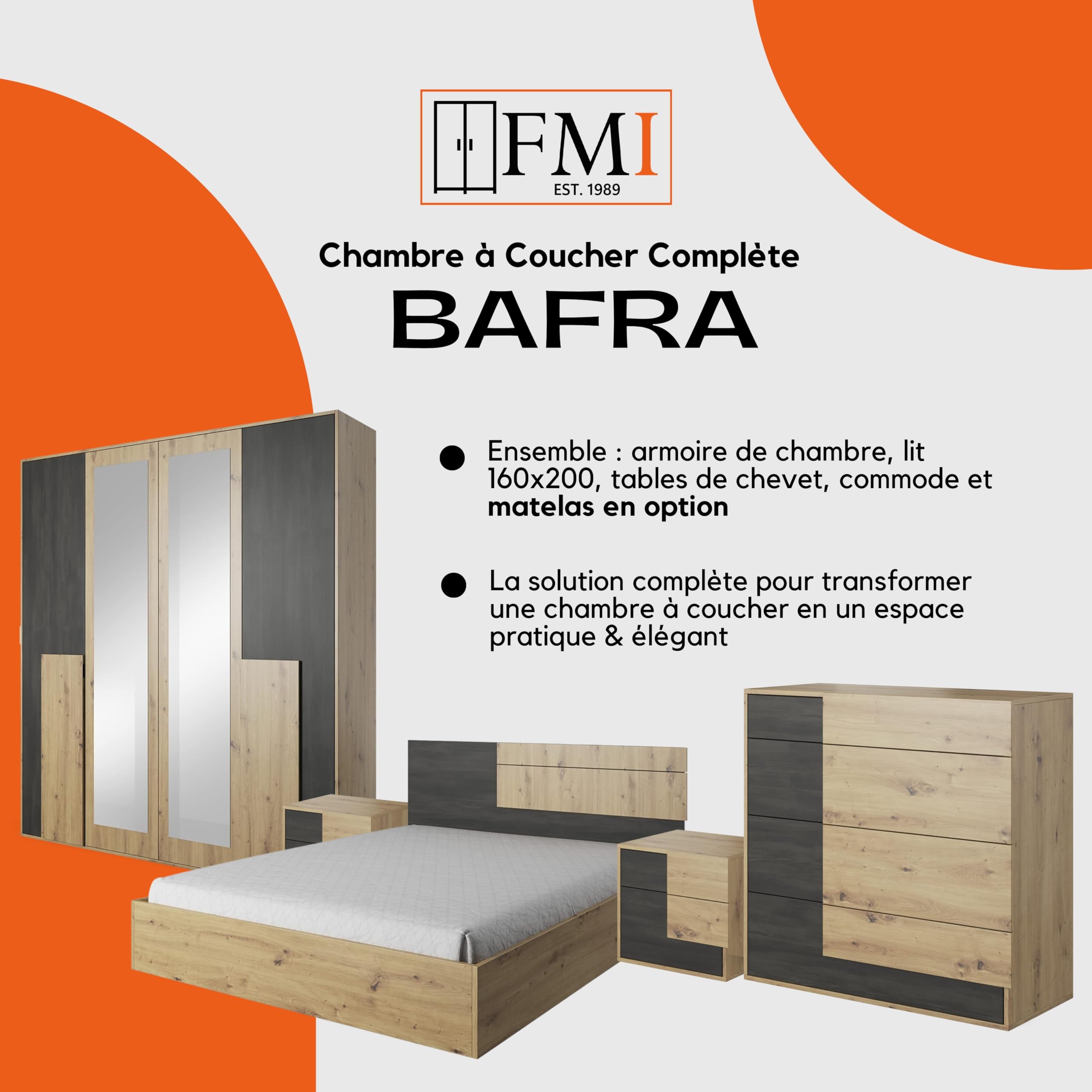 Bafra - Chambre à Coucher Adulte Complète Avec Lit 160x200 Sans Matelas, 2 Tables De Chevet, Commode, Armoire Avec Portes Coulissantes L:200 x H:208 x P:65 cm, Artisan Chêne Kiefer