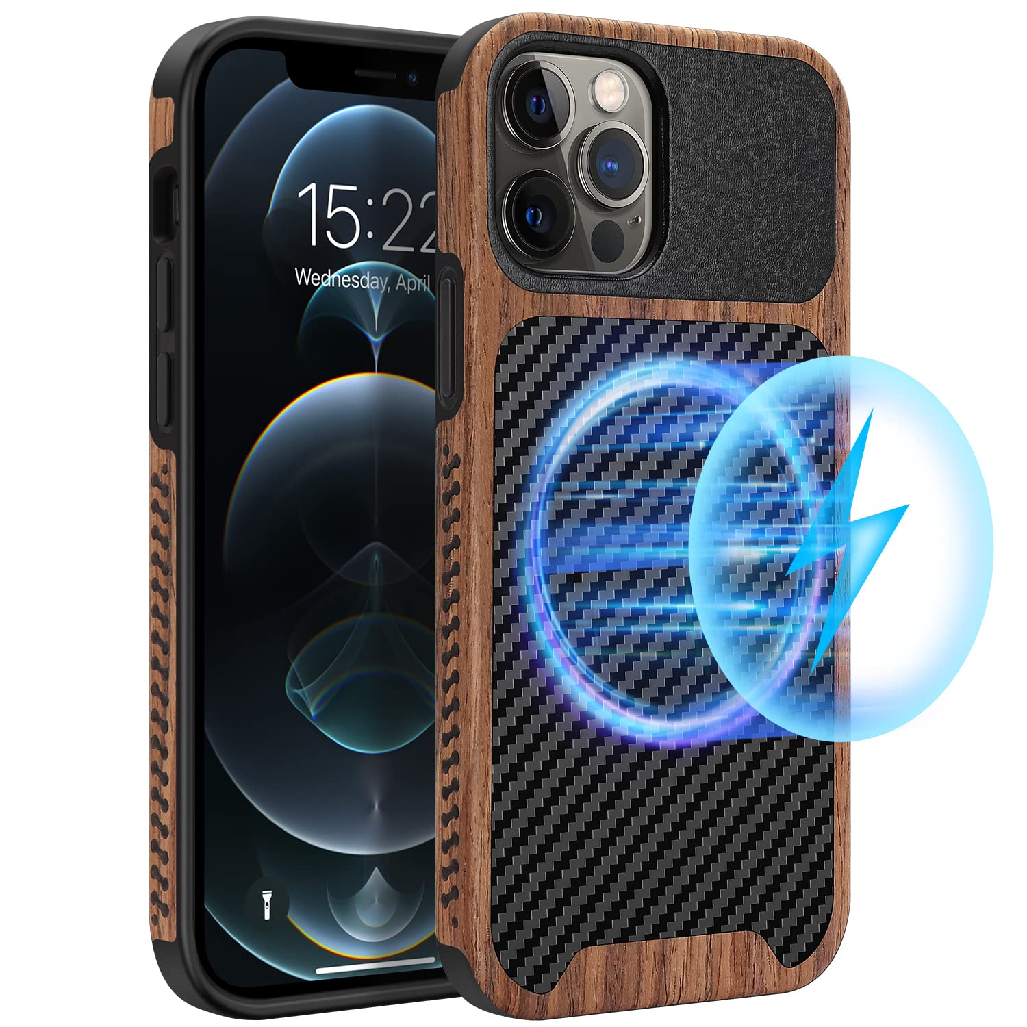 Magnetic Case Compatible with iPhone 12 Pro Case/iPhone 12 Case [Compatible with MagSafe] Wood and Leather Carbon Fiber Design Hybrid Shockproof Phone Case (Black)