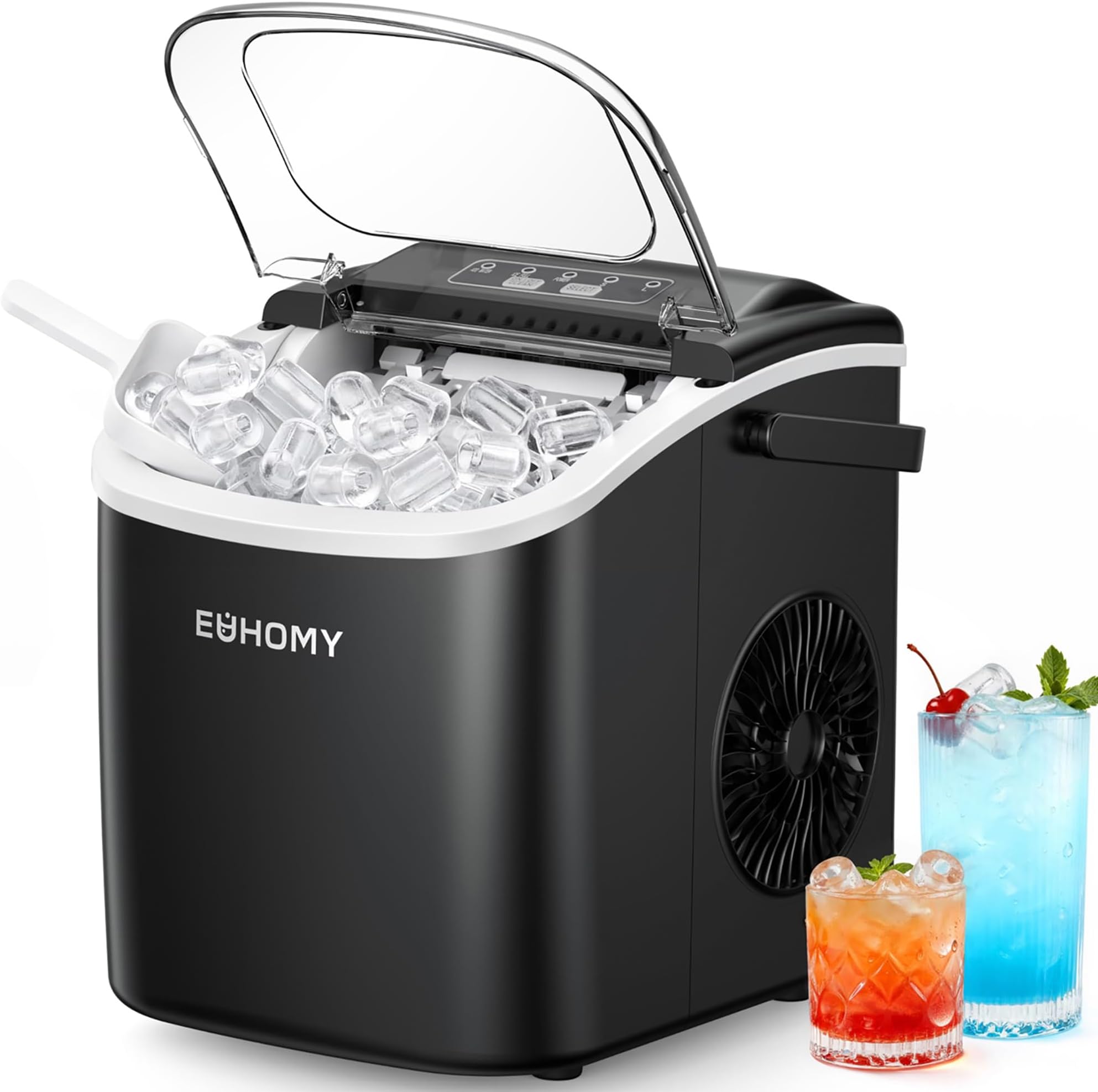 EUHOMY Ice Maker Machine Countertop Ice Cube Maker, Self-Cleaning Function,9 Cubes in 6 Mins,Portable Ice Cube Maker Machines with Ice Scoop & Basket for Home/Kitchen/Office/Bar, Black