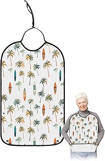 Kewadony Adult Bibs for Elderly Women - Palm Tree Waterproof Dining Clothing Protectors with Crumb Catcher for Eating/Feeding, Orange Teal Boat Tropical Botanical Summer Terry Cloth Bib Washable
