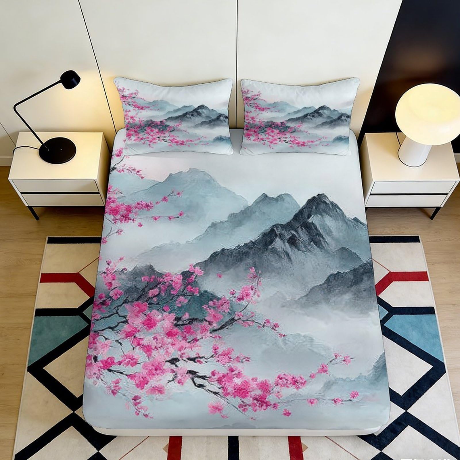 3D Printed Oriental Blossom Fitted Sheet Microfiber Soft Mountain Landscape Bed Cover for Bedroom Guest Room Decoration 90x200x25cm