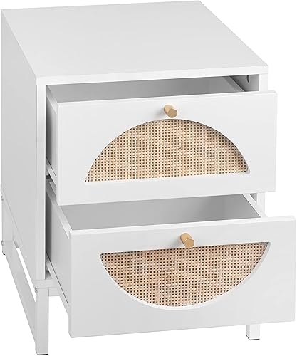 Miniatura 5 de AWQM Juego de 2 mesitas de noche de ratán, mesa auxiliar con 2 cajones de ratán, mesita de noche cuadrada de madera con almacenamiento, mesa de sofá