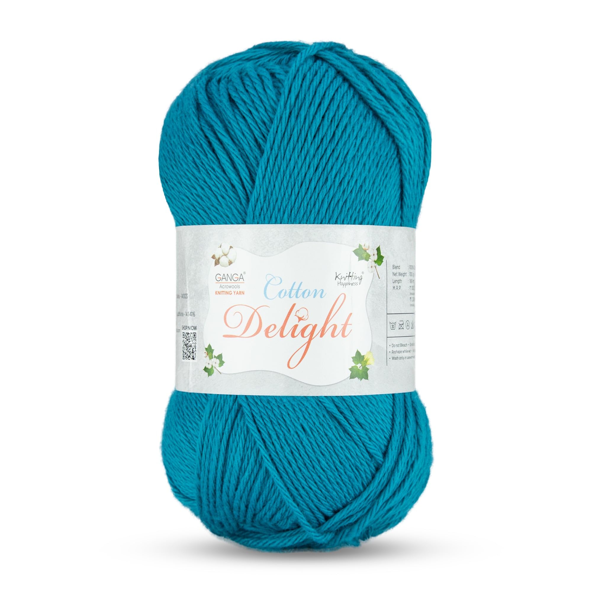 Ganga Acrowools Cotton Delight, Dk Weight Cotton Yarn, Oekotex Class L Certified 100G, 169M, Pack of 1 Ball - 100gm Each, Shade No. - COD057 - Pacific Blue