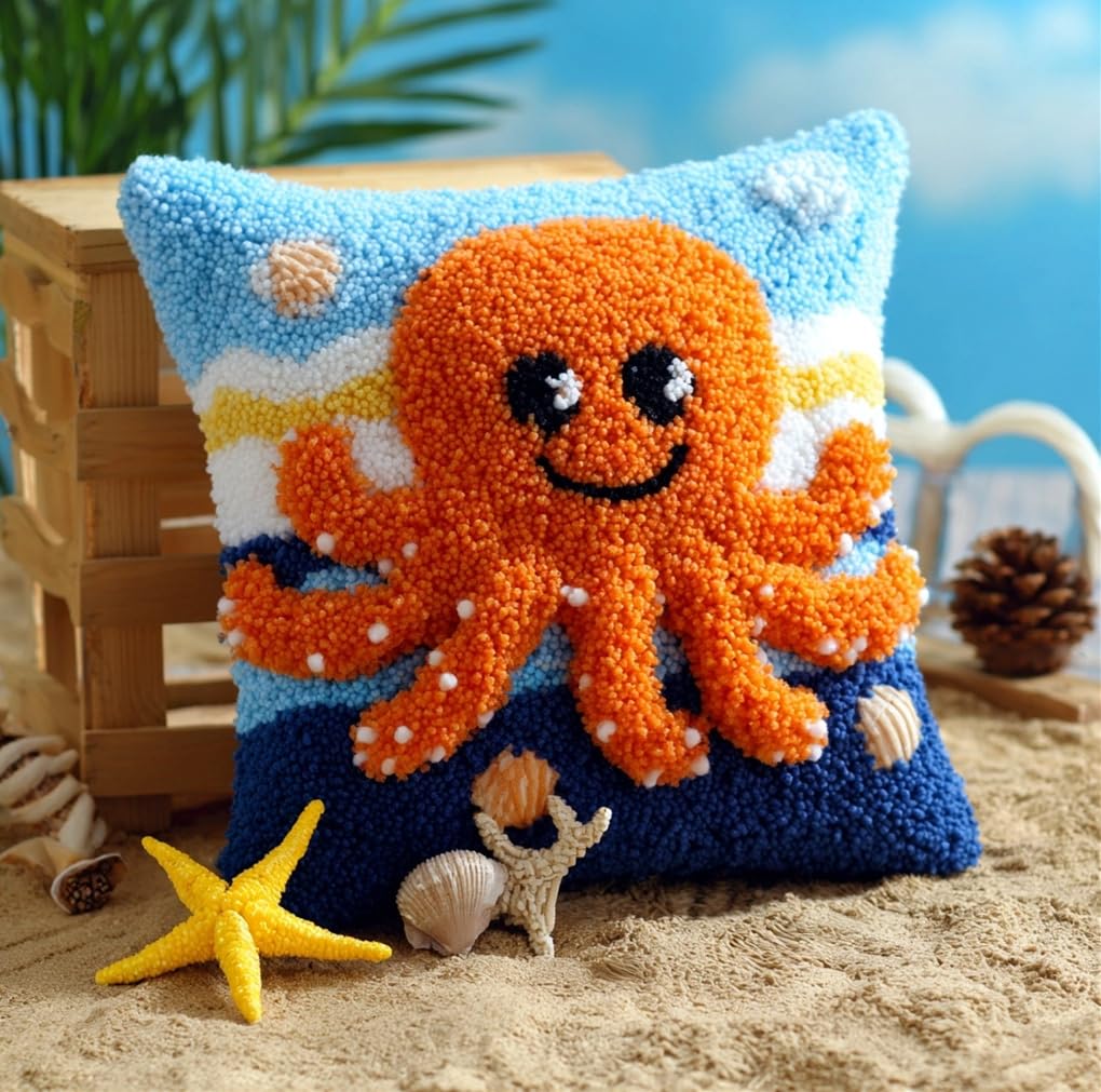 Taxpy Latch Hook Pillow Case Embroidery Kits Octopus and Star 17X17Inch Pre-Printed DIY Needlework Latch Hook Cushion Cover Kits for & Adults Beginners,Cross-Stitch Sofa Cushion Cover, Embroidery
