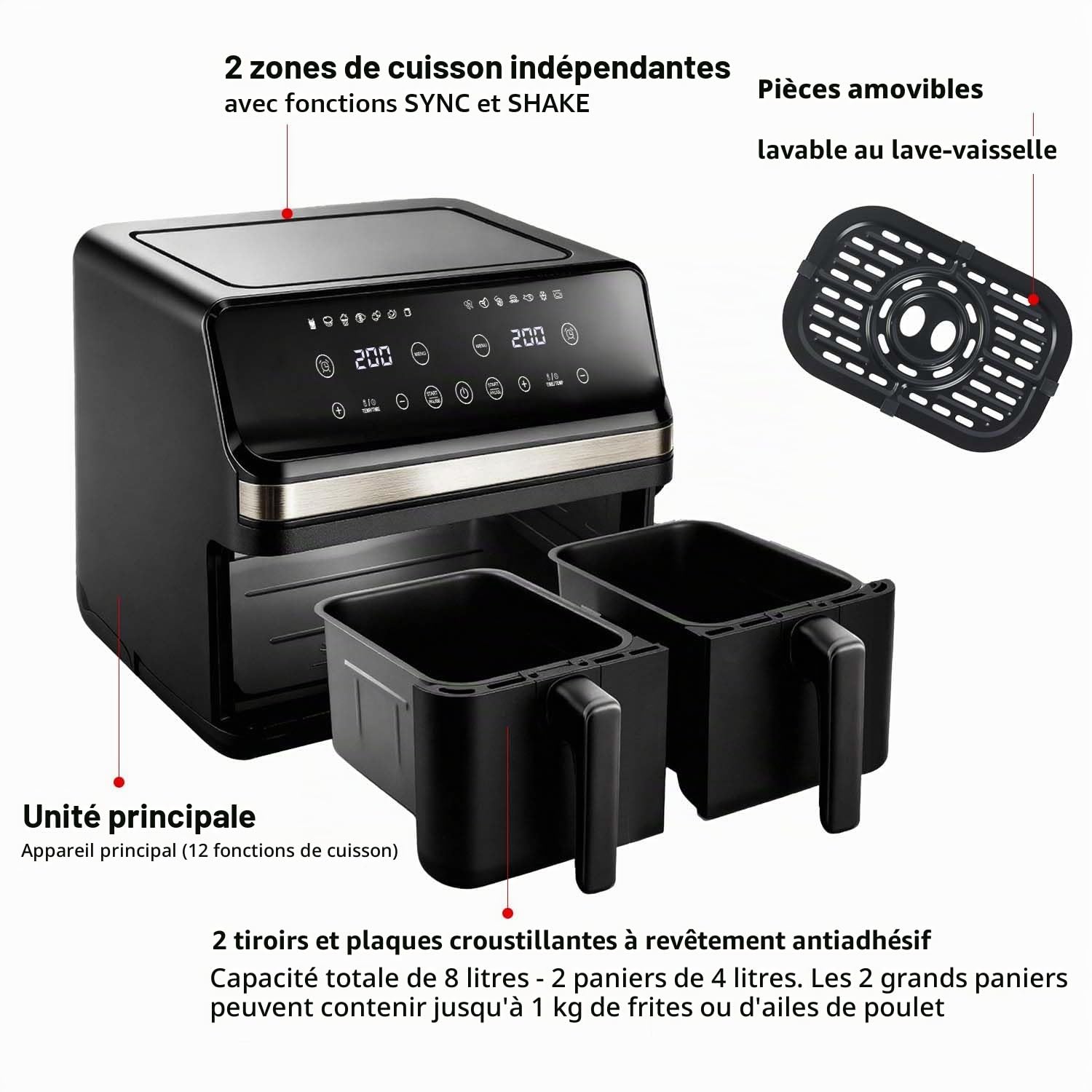 Friteuse à air chaud 2 chambres avec fenêtre de visualisation, friteuse Airfryer de 8 l, 2 compartiments, 12 en 1, écran tactile, paniers lavables au lave-vaisselle, paniers à frire antiadhésifs