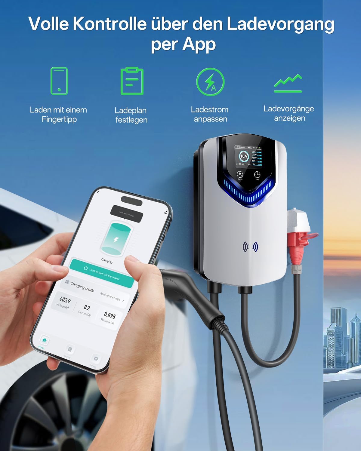 Wallbox 11kW mit APP & RFID – 3-Phasiges Typ 2 EV-Ladegerät 400V, 6–16 A, 8M Kabel mit Kabelhalter – RCD Typ B & IP54,Einstellung Startzeiteffiziente Ladestation für Zuhause für BEV PHEV