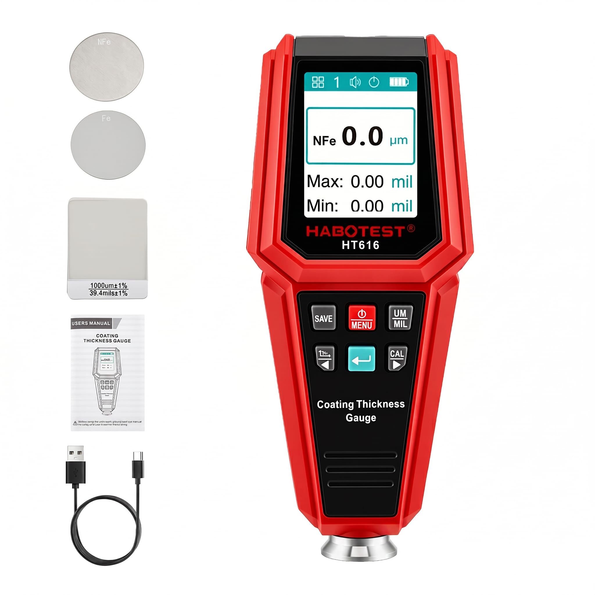 HT616 Spessimetro Vernice, Misuratore di Spessore del Rivestimento 0-1500μm, Misuratore di Vernice per Auto Fe NFe, Tester di Spessore della Vernice, Rivestimento Tester di Spessore della Vernice