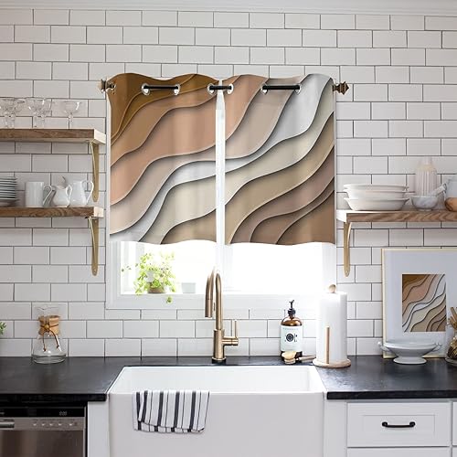 Curtains Panels for Kitchen Modern Abstract Geometric Brown Gradient Window Curtains Light Filtering Grommet Top Drapes for Bedroom Closet-Set of 2