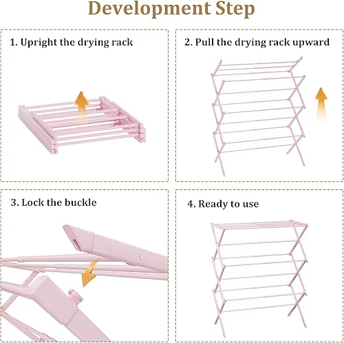 Miniatura 7 de Tendedero plegable para ropa, 3 niveles, portátil, para interiores y exteriores, antioxidante, compacto, plegable, color rosa, 28 pulgadas de