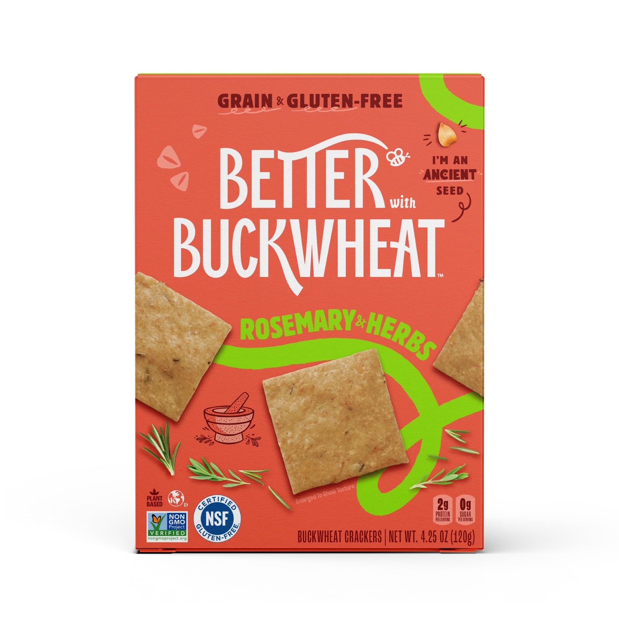 Better with Buckwheat Rosemary & Herbs Gluten-Free Crackers - Healthy Snack Crackers, Grain-Free, Non-GMO, Sugar-Free - 1 Pack
