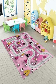 Pelangi Pembe Araba Yollu Trafik Y kanabilir Kaymaz Taban Leke Tutmazbebek Ve  ocuk Odas  Hal s , Pembe 100 x 250