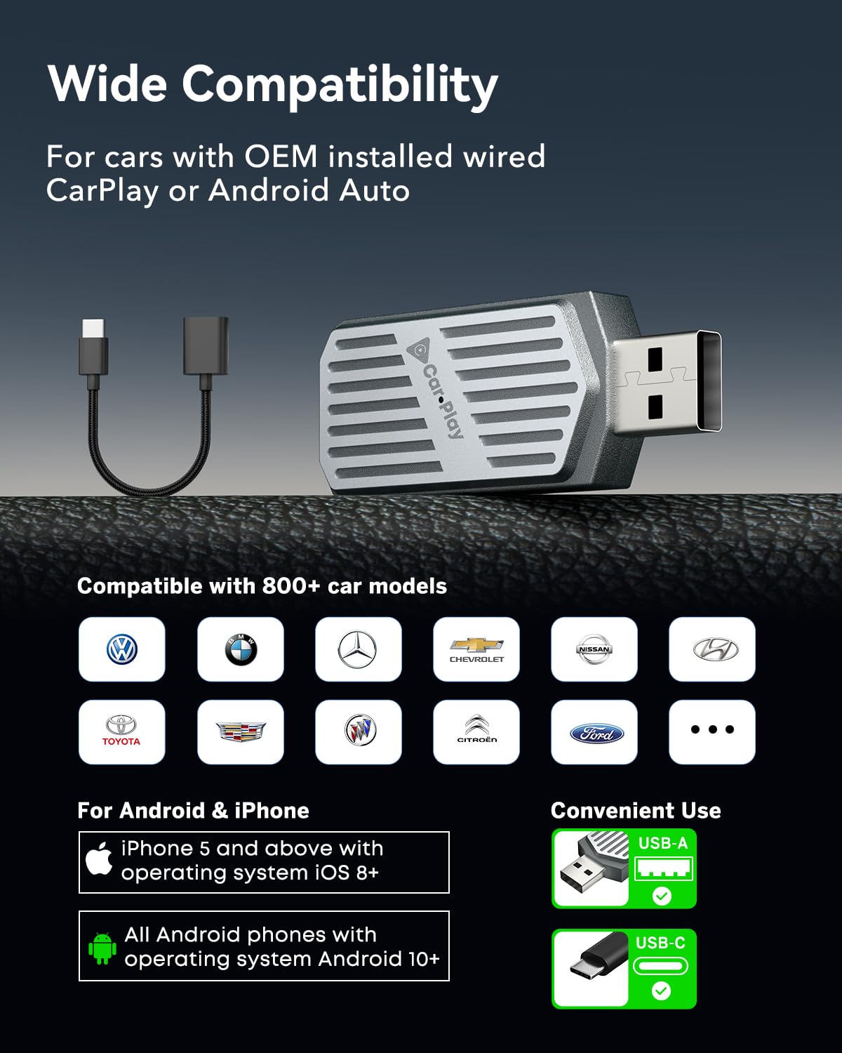 StageSound Mini bezprzewodowy adapter CarPlay & Android od Wired CarPlay na bezprzewodowy, Plug & Play, niskie opóźnienia, stabilne połączenie, złącze USB-A/C, kompatybilny z iPhone i Android