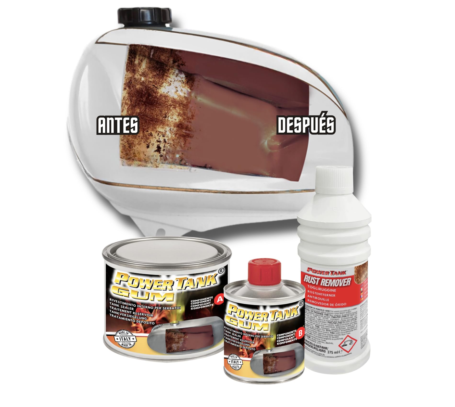 POWER TANK GUM - Tratamiento Tanque Deposito Moto (8/10 Litros) Kit Pequeño Small 350 g para Interior de Tanques Elimina Óxido Repara Protege Tanques Oxidados de Motos Vespa Ciao Scooters