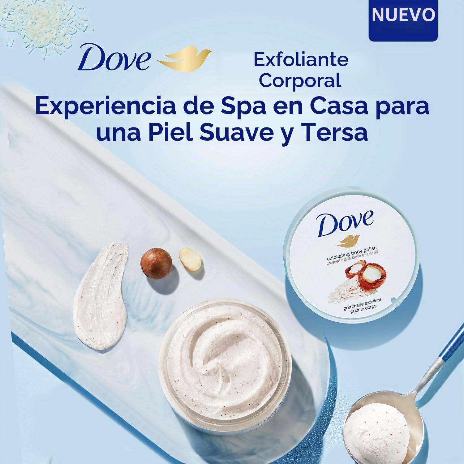 Dove Exfoliante Exfoliante de Ducha con Macadamia y Leche de Arroz 225 ml