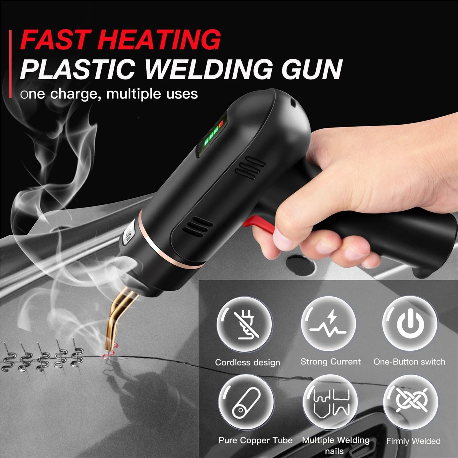 Kit di saldatura per plastica WeldeGun senza fili da 200 W, kit di riparazione paraurti ricaricabile tramite USB, 400/1200 pezzi di cucitrice a caldo(One set of red)