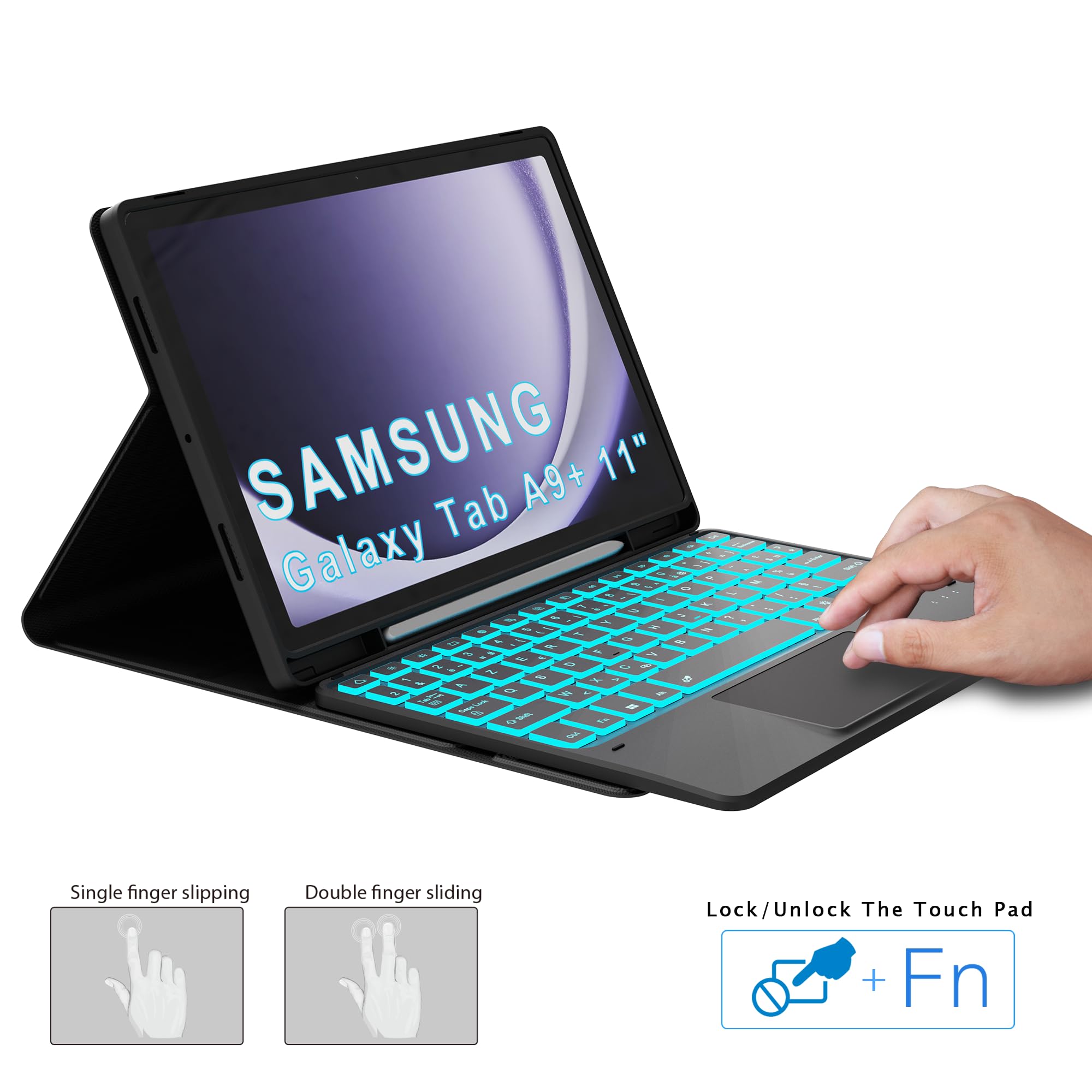 Étui Clavier pour Samsung Galaxy Tab A11 Plus/A9+ 11 Pouces - 7 Couleurs Rétroéclairées Amovible Tablette Coque Sans Fil avec Pavé Tactile – Tab A9 Plus 11" Rechargeable AZERTY Français Clavier Noir
