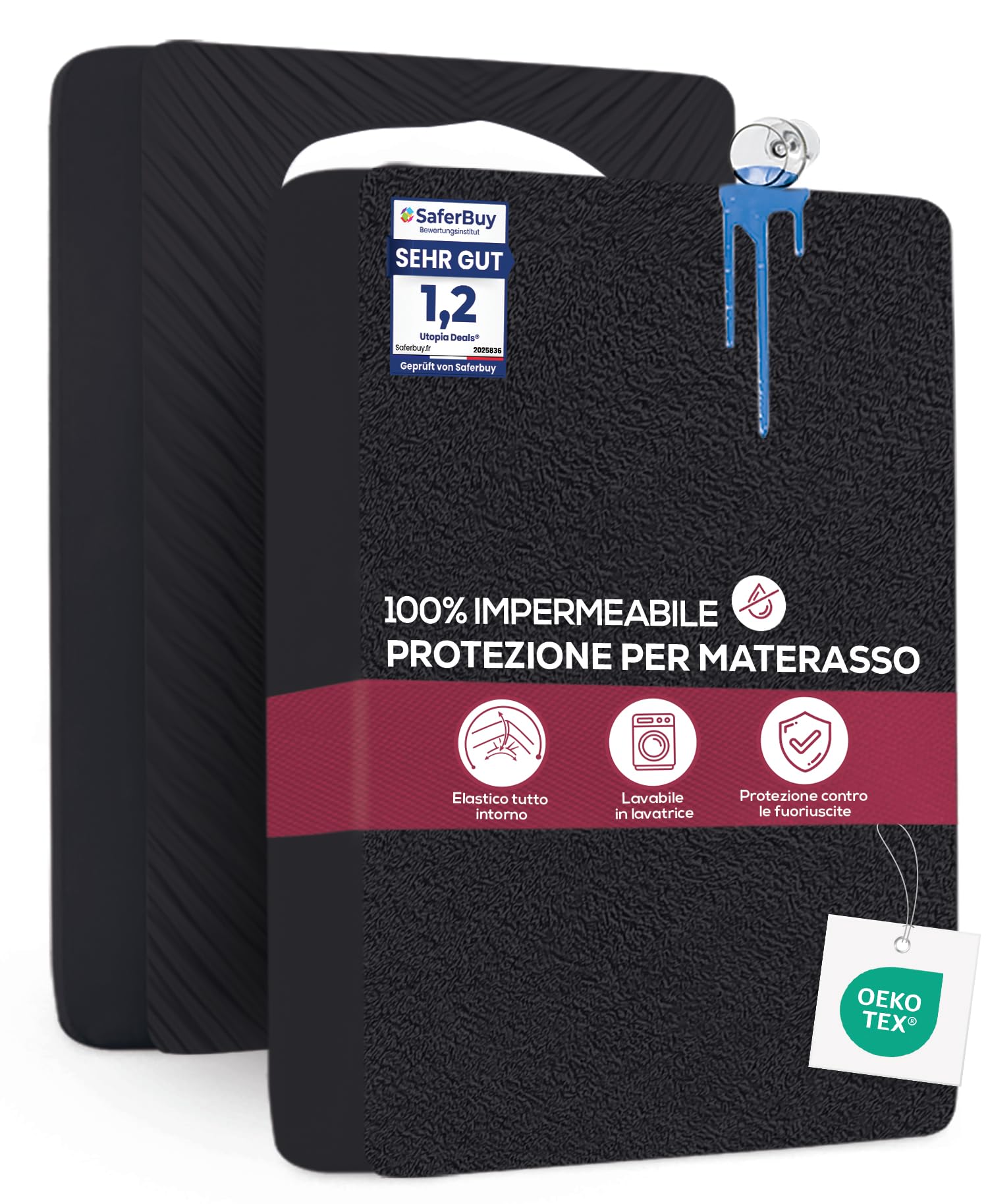 Utopia Bedding Coprimaterasso Matrimoniale Impermeabile 160 x 200 x 30 cm, Certificato OEKO-TEX, Proteggi Materasso, Traspirante, Lavabile, Stile Montato Tutto Intorno Elastico Nero