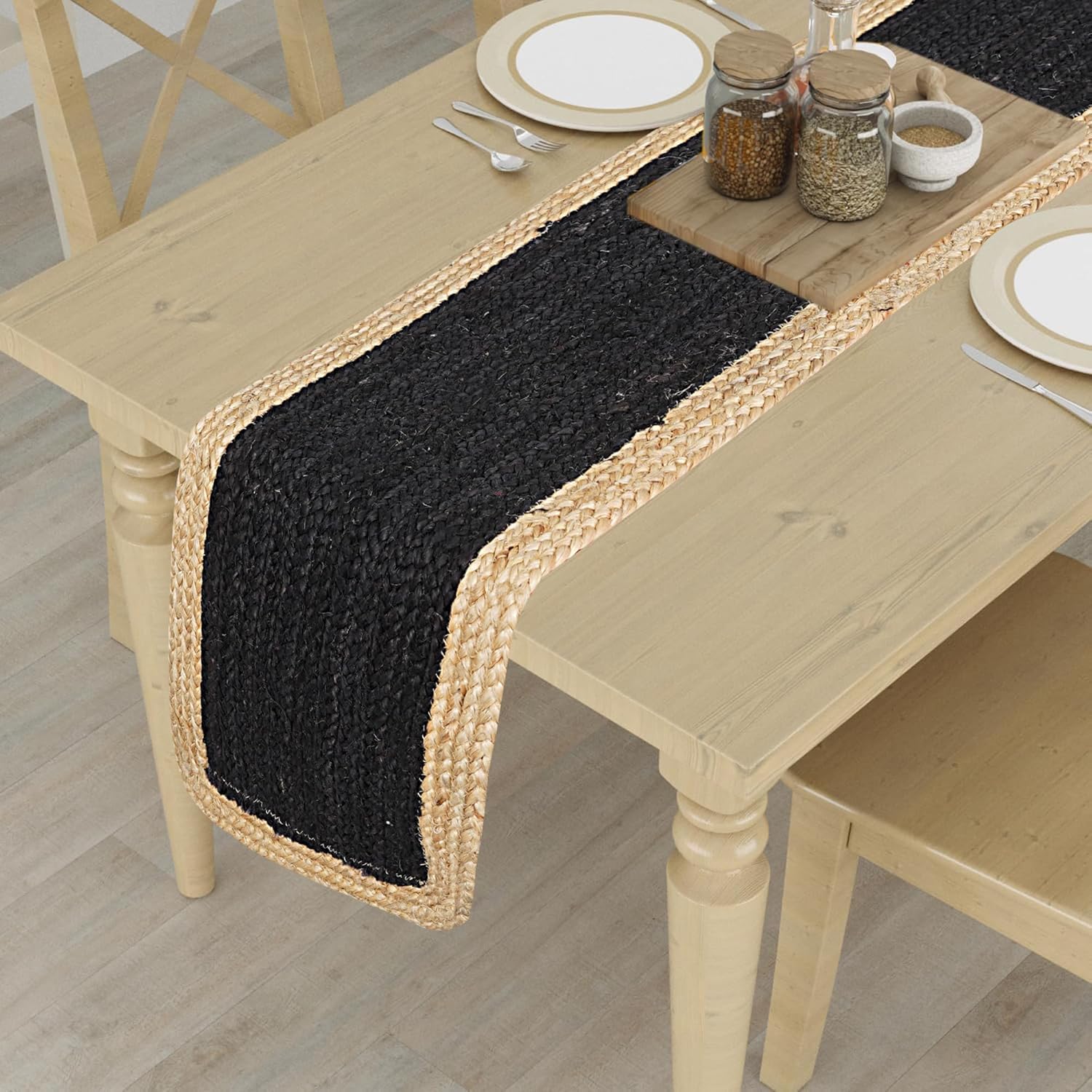 Runner da tavola in iuta nero con beige, 35 x 183 cm, decorazione indiana intrecciata a mano, decorazione per tavolo da pranzo, cucina, tavolino da caffè, decorazione bohémien