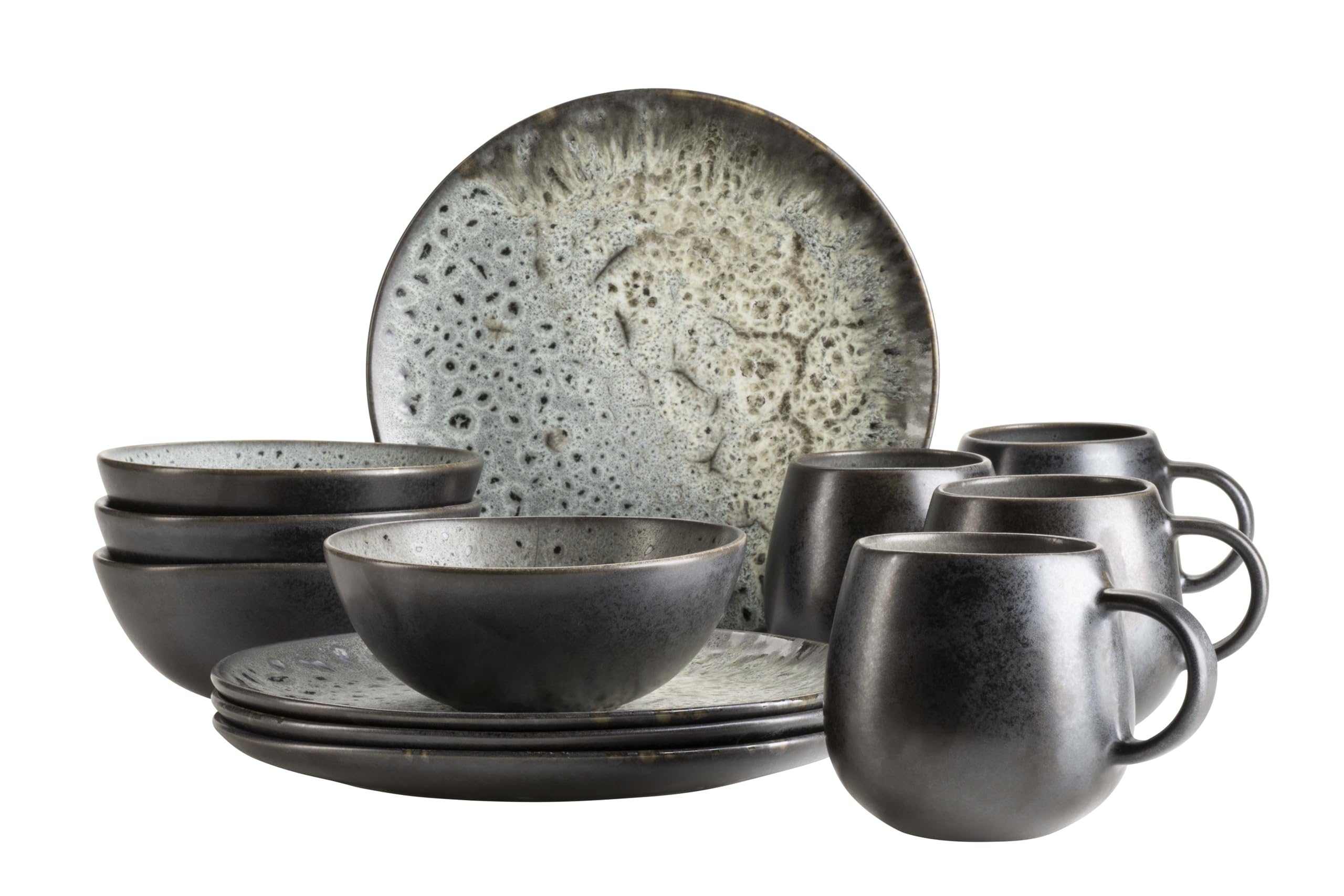 MÄSER, Carellia Series Breakfast Tableware for 4 People, Portual Tableware with Reactive Glaze, Stoneware, Grey