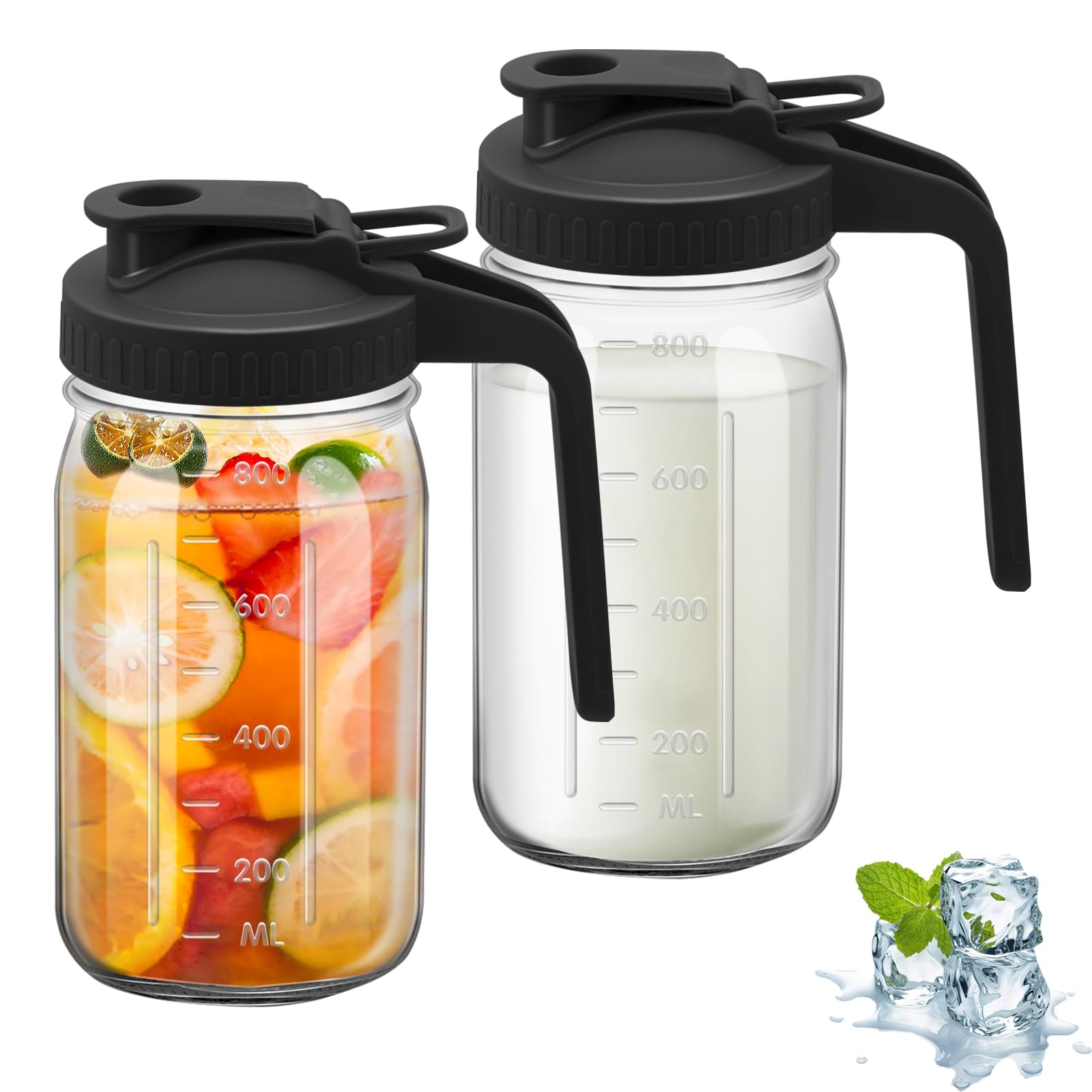 Jarra de boca ancha, jarra de agua de vidrio de 32 onzas con tapa, doble mango a prueba de fugas, ideal para jugos, leche materna, recipiente de almacenamiento de cocina