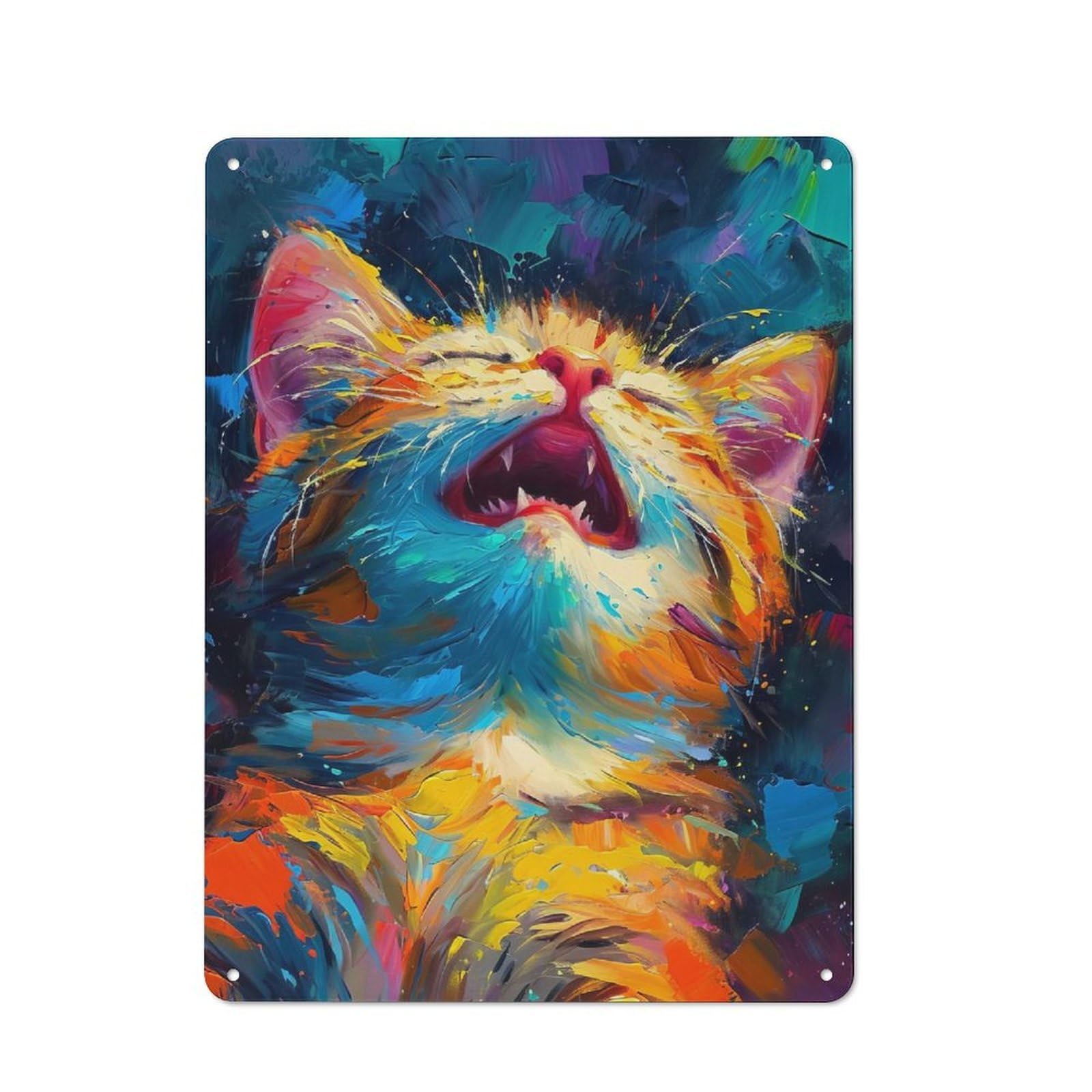 Junmoney Colorful Cat Yawning Painting Vintage Metal Wall Sign 40X30cm For Garage Or Workshop, For Metal Sign Collectors, For Garage And Workshop Walls