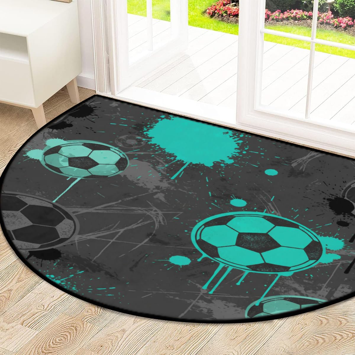 Große halbrunde Fußmatte, Fußball, rutschfest, saugfähig, halbrund, für Eingangsbereich, niedlich, weich, waschbar, halbrund, Teppich für Küche, Badezimmer, Schlafzimmer, 160 x 100 cm