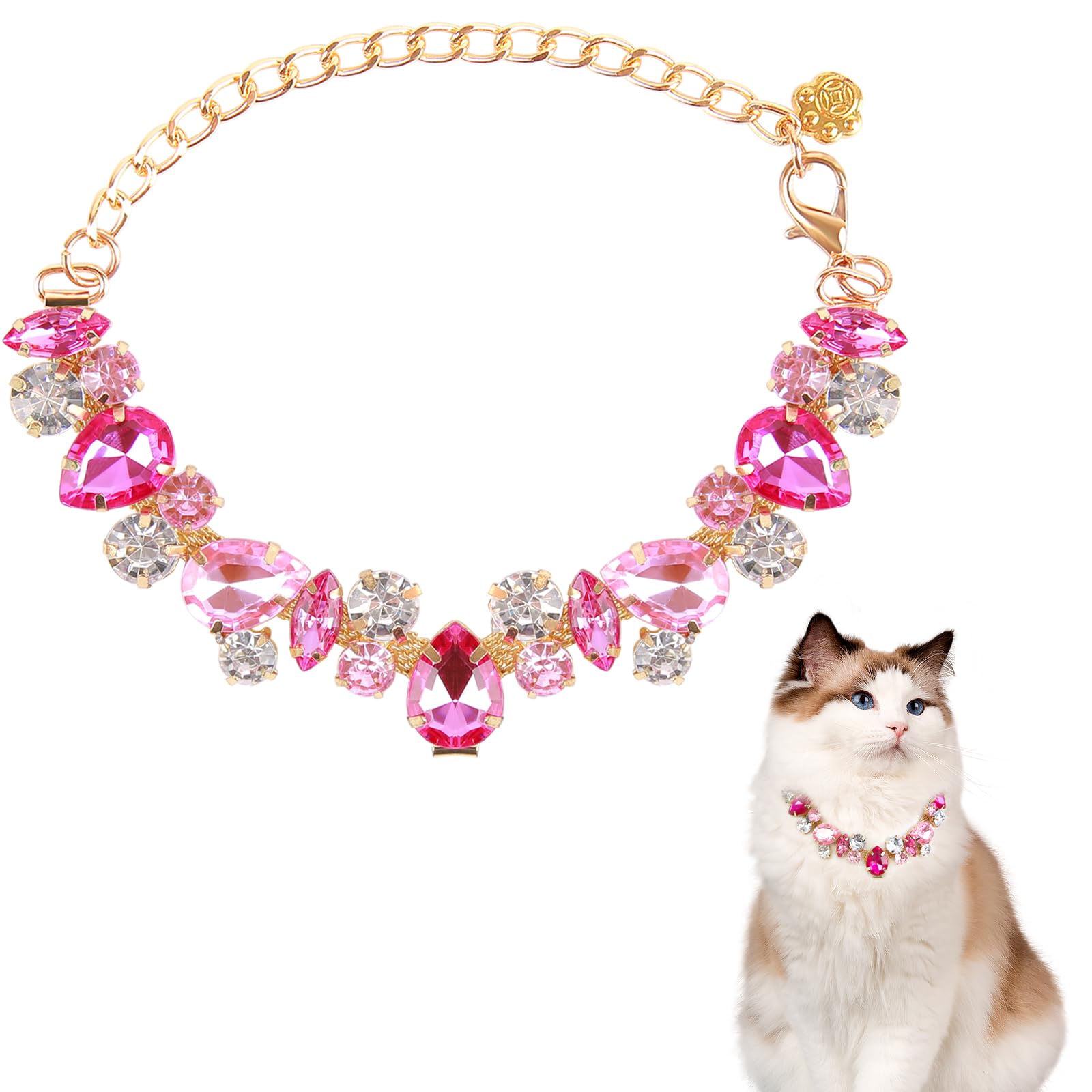 HOWWFALY Dog Collar and Cat Collar Gold Chain Necklace Stainless Steel Adjustable Pink Diamonds Collar with Cute Pet Paw for Small Medium Pets Cats