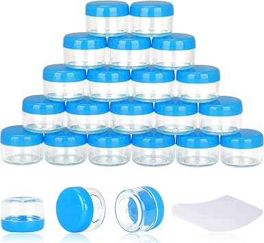 200PCS 5 Gram Sample Containers,5ml Empty Jars with Lids, Small Cosmetic Containers, Mini Sample Jars with 16PCS Mini Spatulas for Make Up, Oils, Lotion, Powder, Paint, Jewelry, Lip BalmsBlue Lid