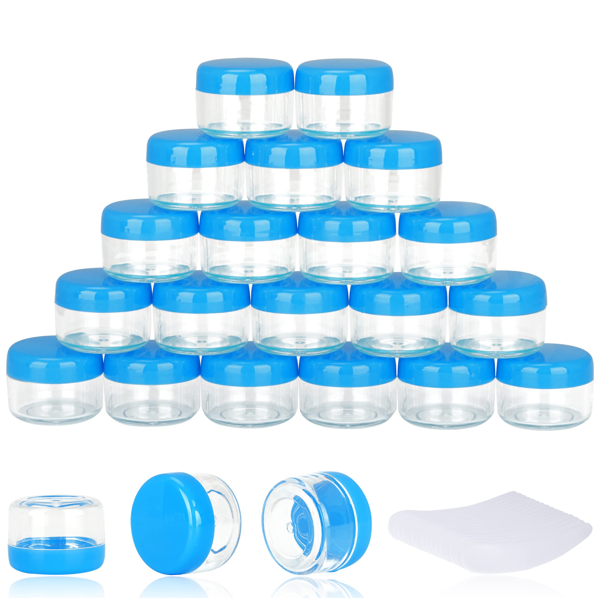 Lot de 200 pots vides de 5 g avec couvercles, petits pots à échantillons avec 16 mini spatules pour maquillage, huiles, lotion, poudre, peinture, bijoux, baumes à lèvres (couvercle bleu)