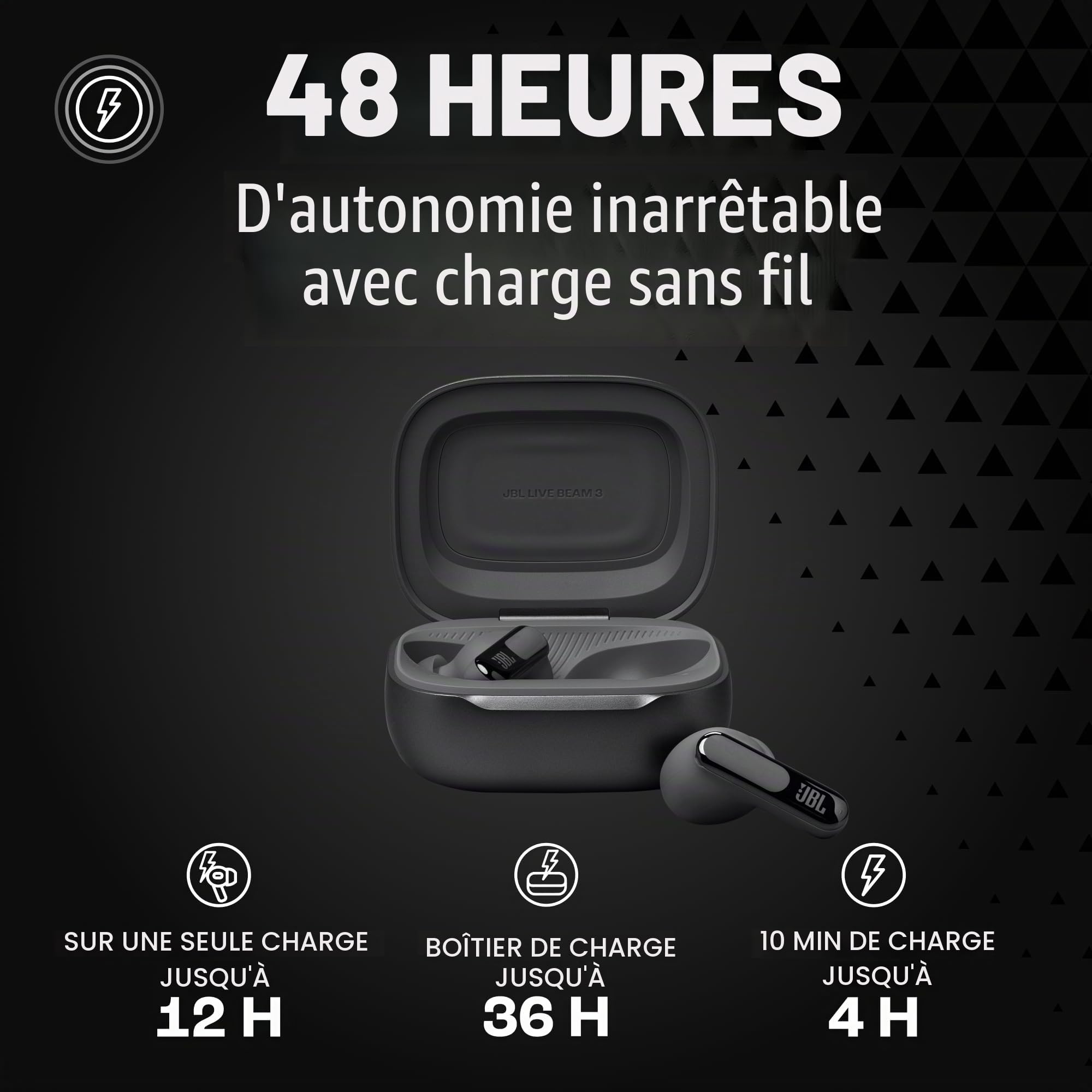 JBL Live Beam 3 Écouteurs sans fil avec réduction du bruit, 48 heures de lecture complète, charge sans fil, 6 microphones pour des appels parfaits, connexion multipoint, étanchéité IP55 et