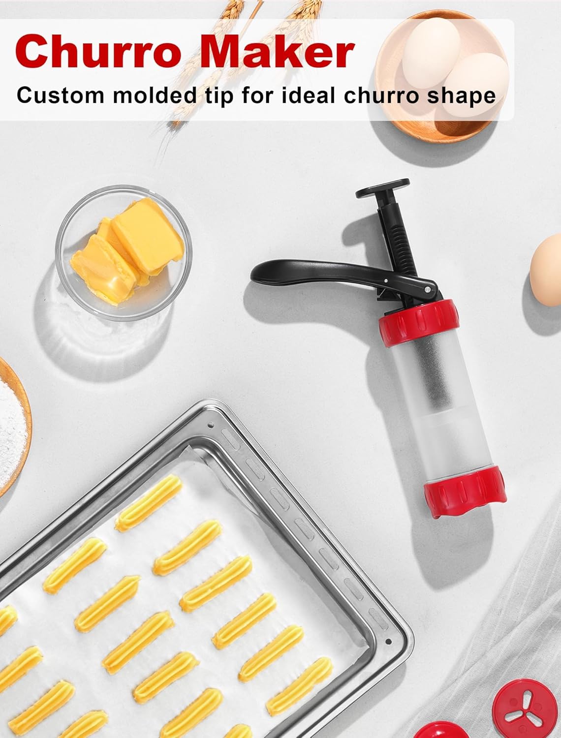 Cookie Press Set, Churro Maker with 12 Discs and 10 Cake Decorating Tips, Cookie Press for Biscuit and Churro, Red